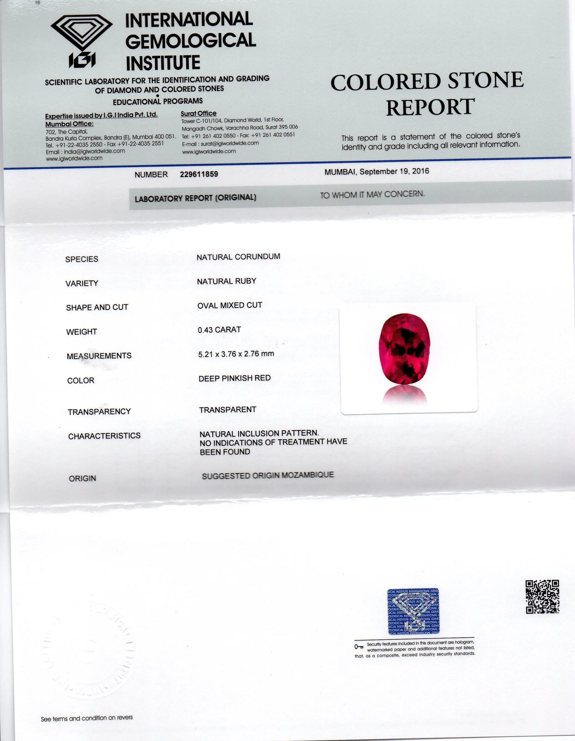 0.43 Ct IGI Certified Unheated Untreted Natural Mozambique Ruby AAAAA