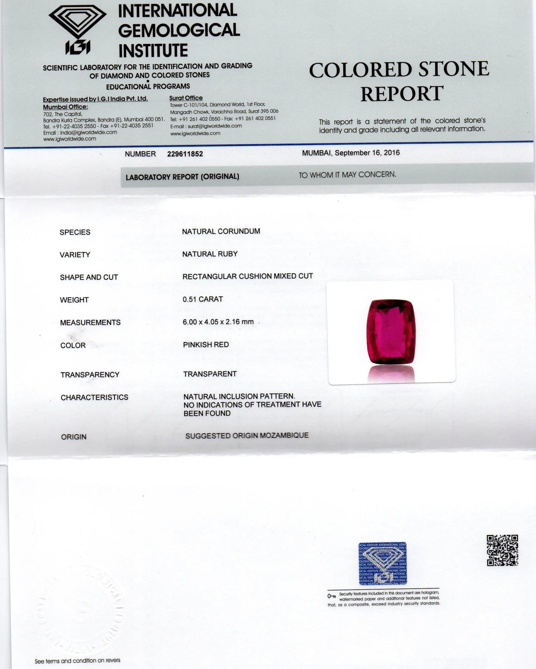0.51 Ct IGI Certified Unheated Untreted Natural Mozambique Ruby AAAAA - Venus Gems