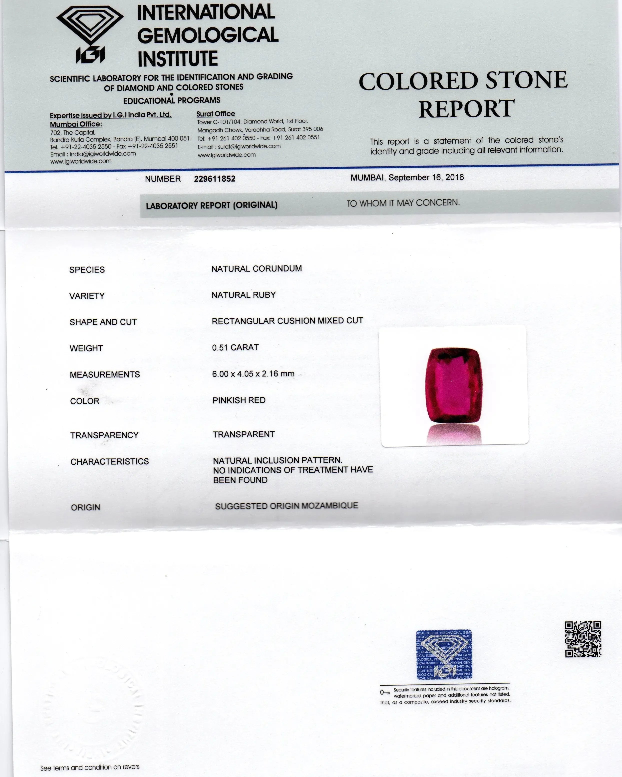 0.51 Ct IGI Certified Unheated Untreted Natural Mozambique Ruby AAAAA - Venus Gems