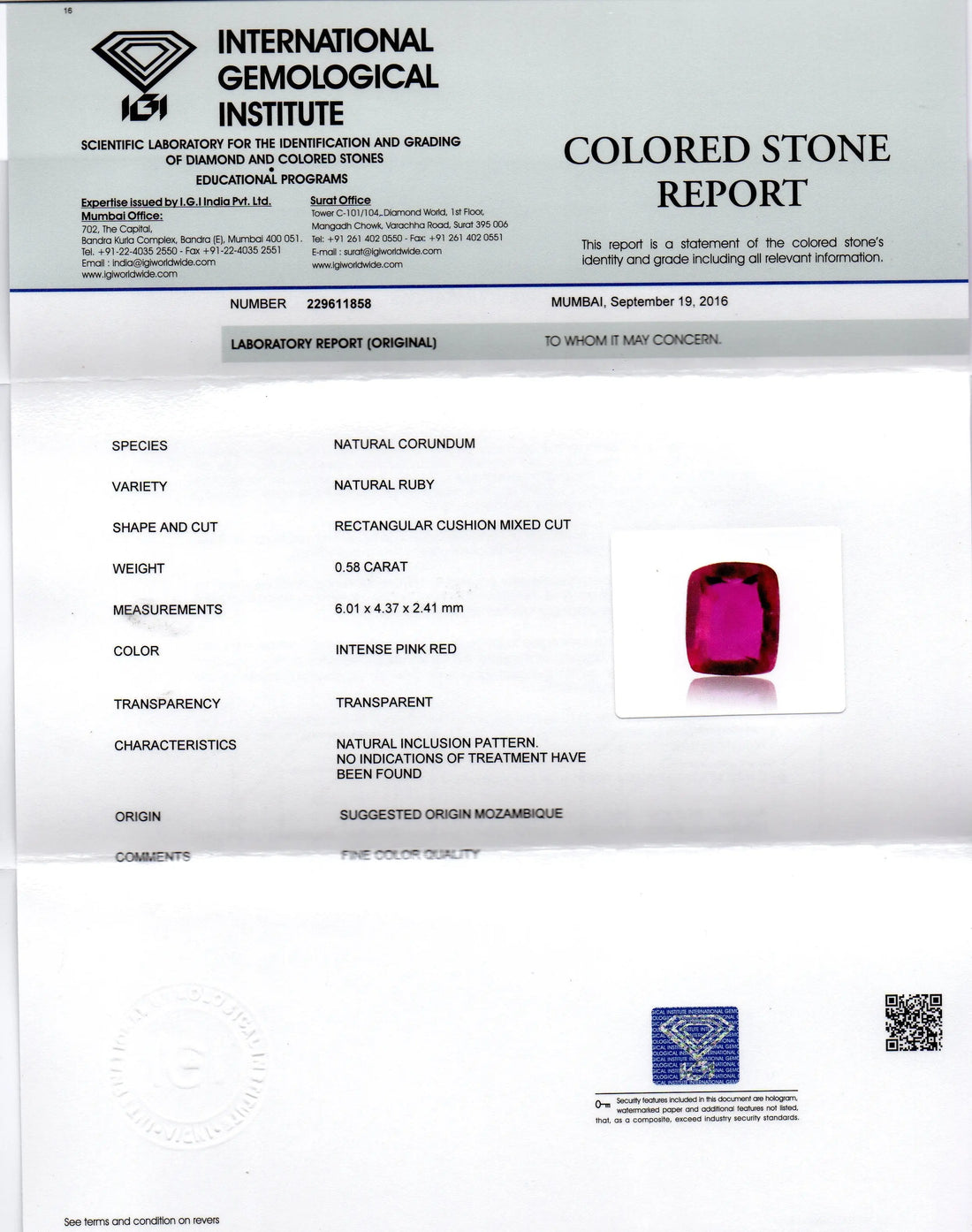 0.58 Ct IGI Certified Unheated Untreted Natural Mozambique Ruby AAAAA