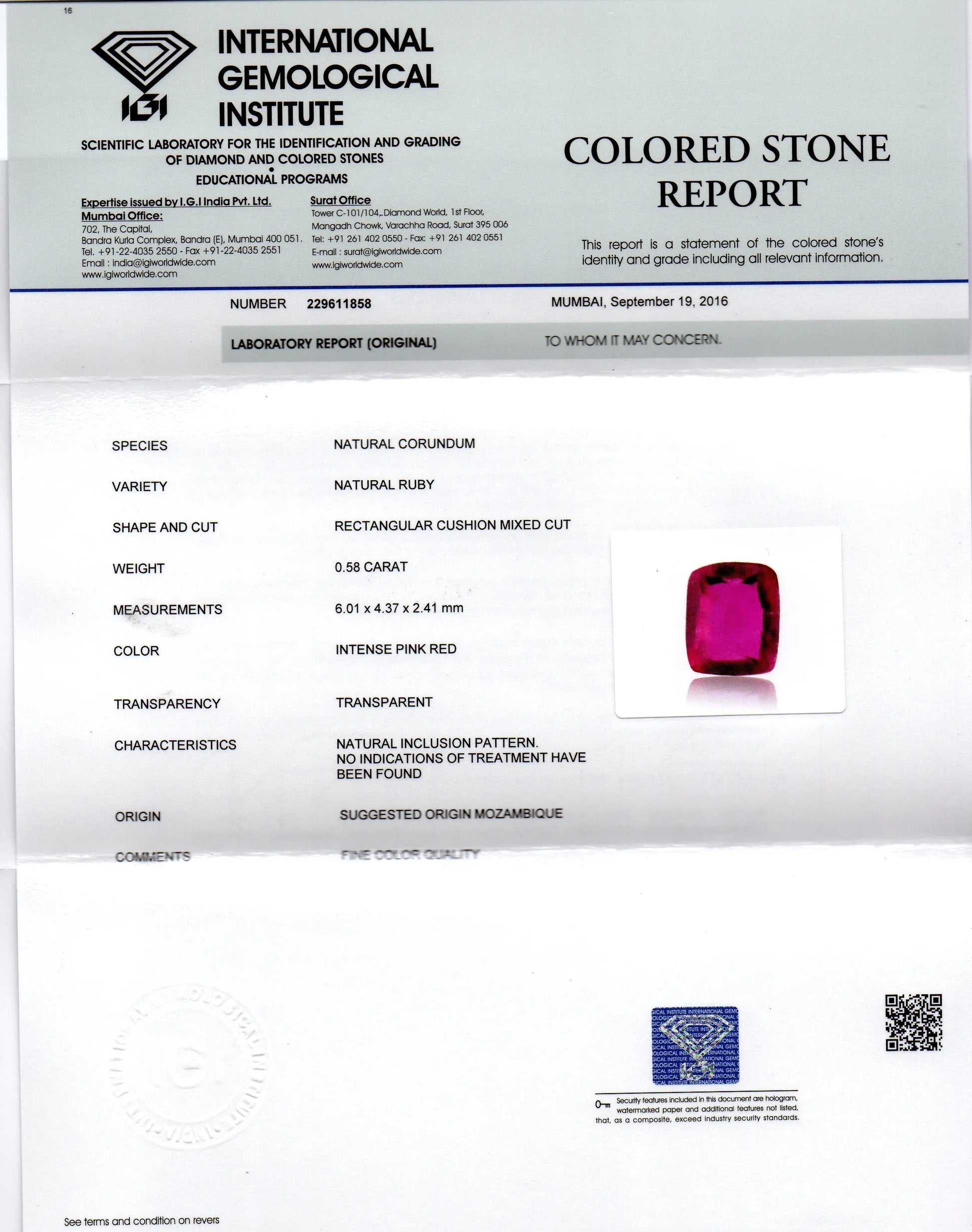 0.58 Ct IGI Certified Unheated Untreted Natural Mozambique Ruby AAAAA