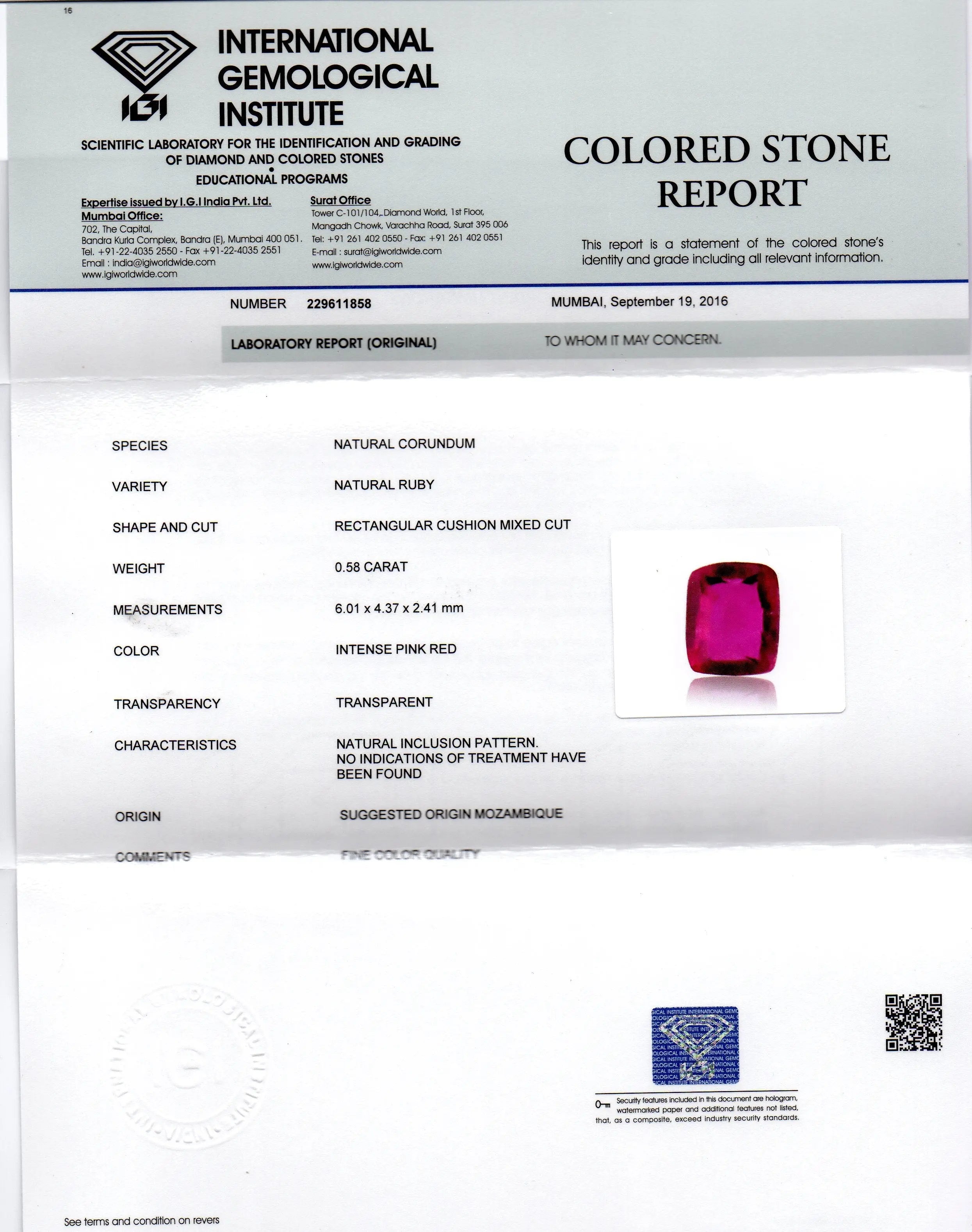 0.58 Ct IGI Certified Unheated Untreted Natural Mozambique Ruby AAAAA