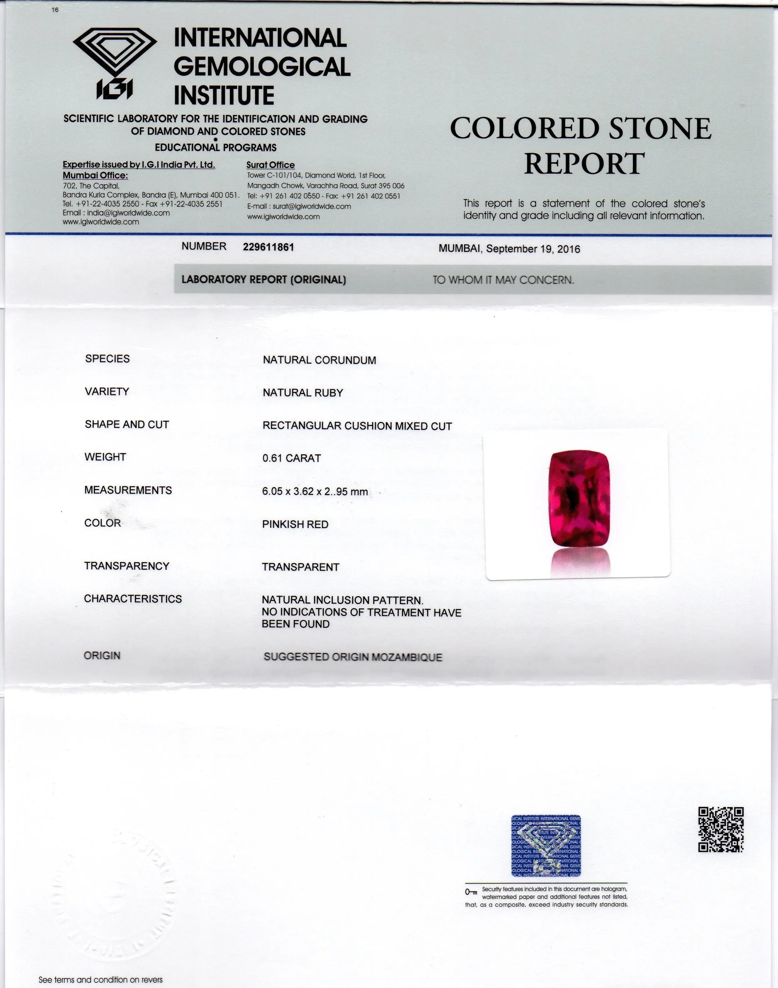 0.61 Ct IGI Certified Unheated Untreted Natural Mozambique Ruby AAAAA - Venus Gems