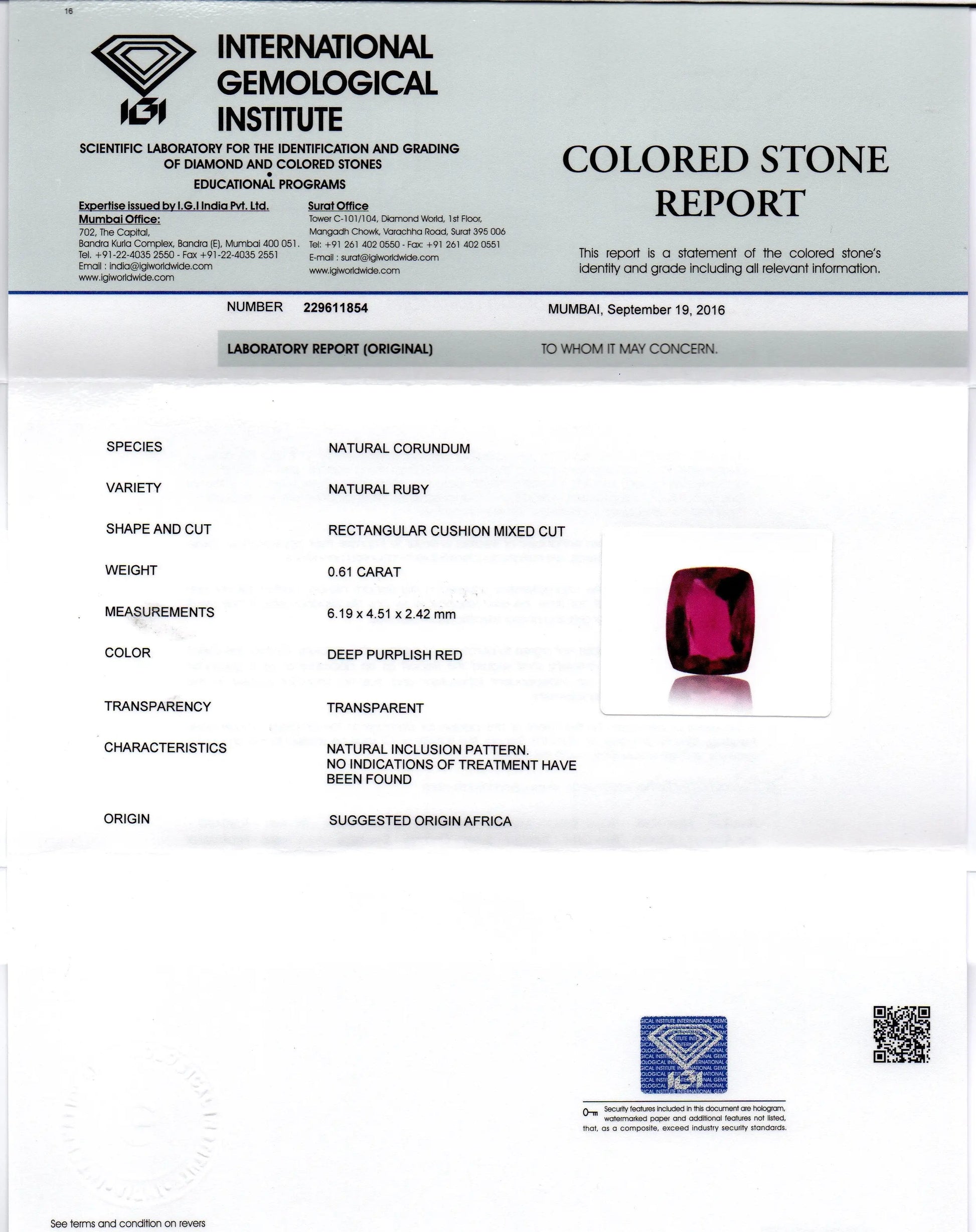0.61 Ct IGI Certified Unheated Untreted Natural Mozambique Ruby A++++
