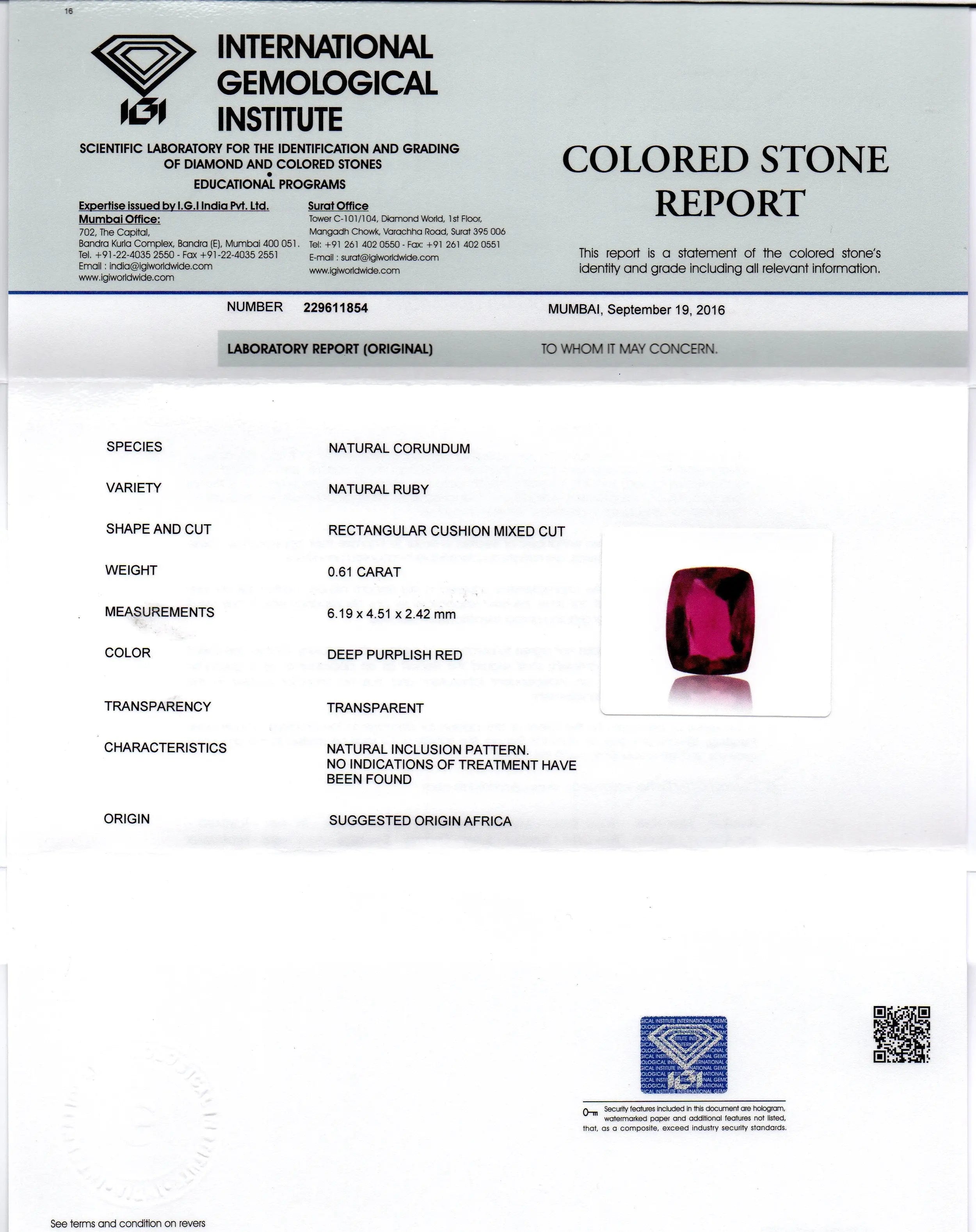0.61 Ct IGI Certified Unheated Untreted Natural Mozambique Ruby A++++