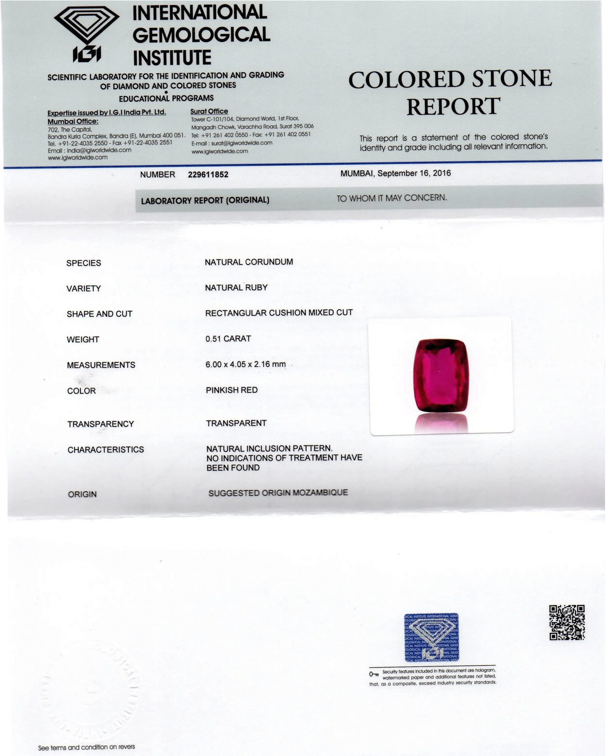 0.51 Ct IGI Certified Unheated Untreted Natural Mozambique Ruby AAAAA - Venus Gems