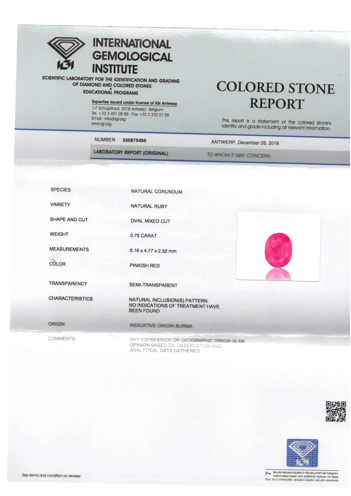 0.75 Ct IGI Certified Unheated Untreated Natural Old Burma Ruby AAA - Venus Gems