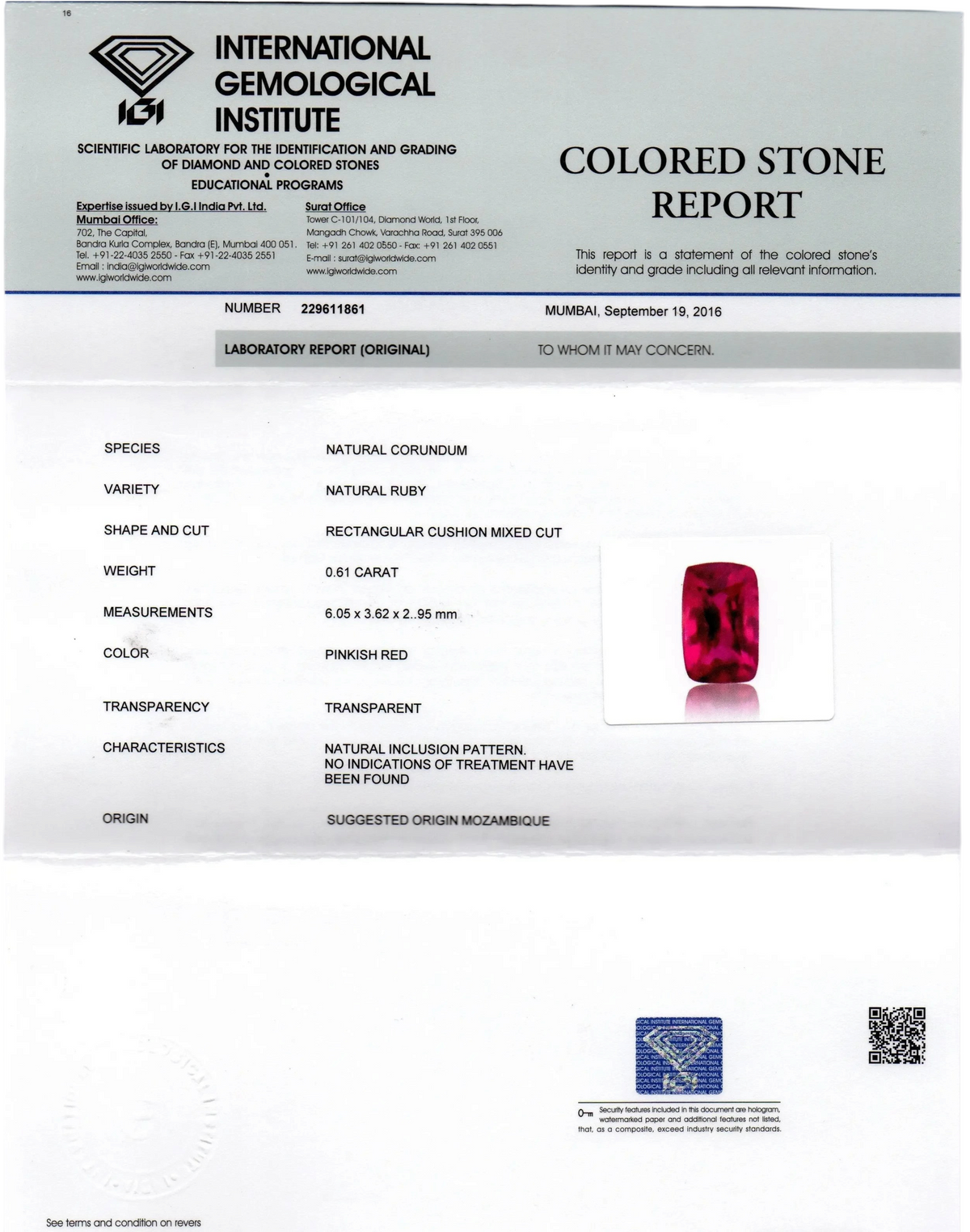 0.61 Ct IGI Certified Unheated Untreted Natural Mozambique Ruby AAAAA - Venus Gems