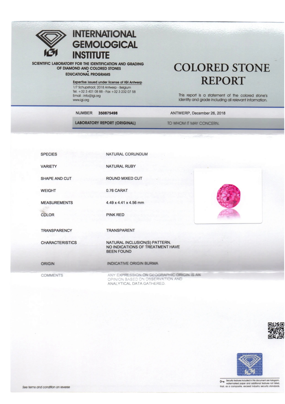 0.76 Ct IGI Certified Unheated Untreated Natural Old Burma Ruby AAA