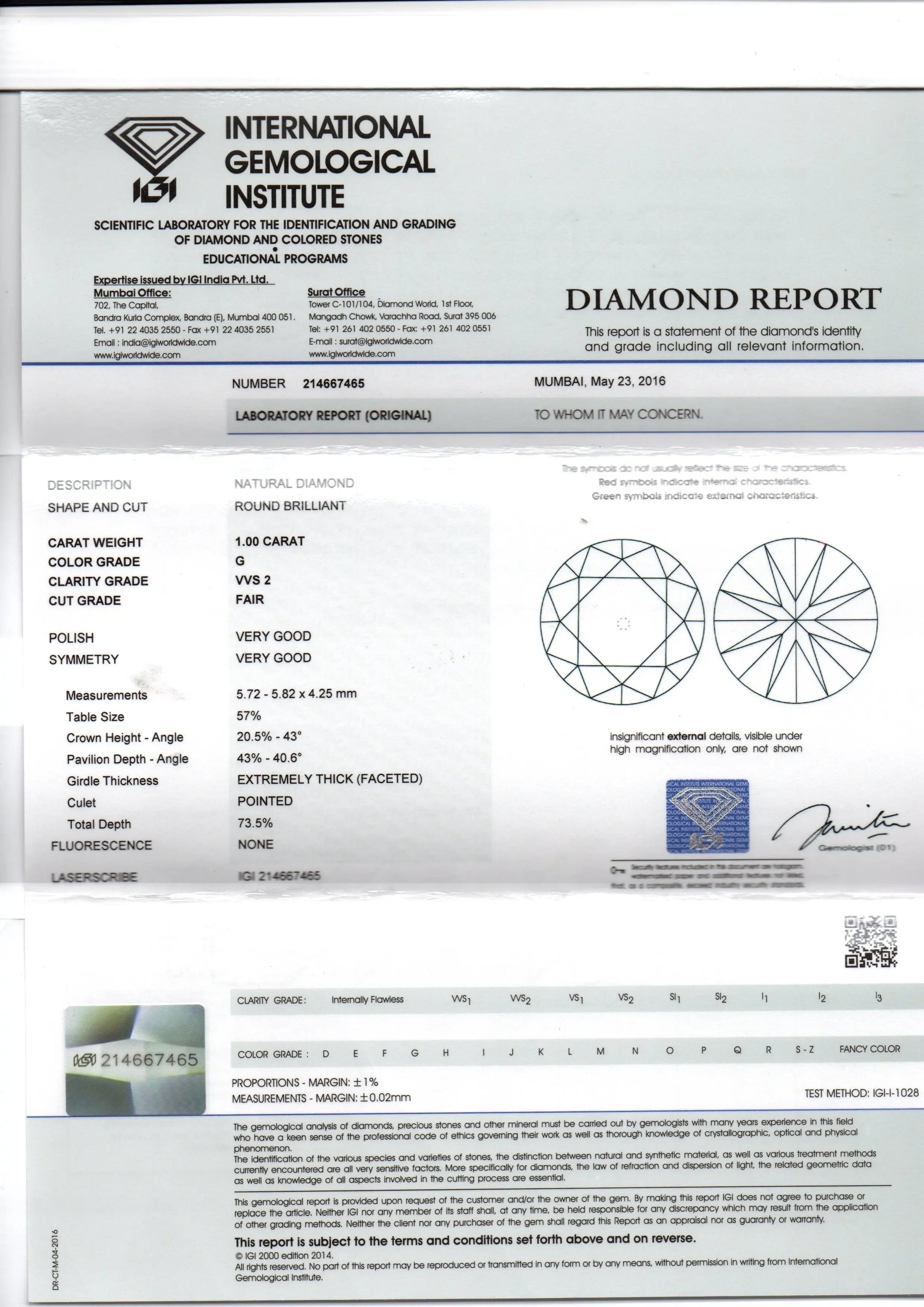 RARE 1 CT Solitaire IGI certified VVS2-G colour Natural Diamond - Venus Gems