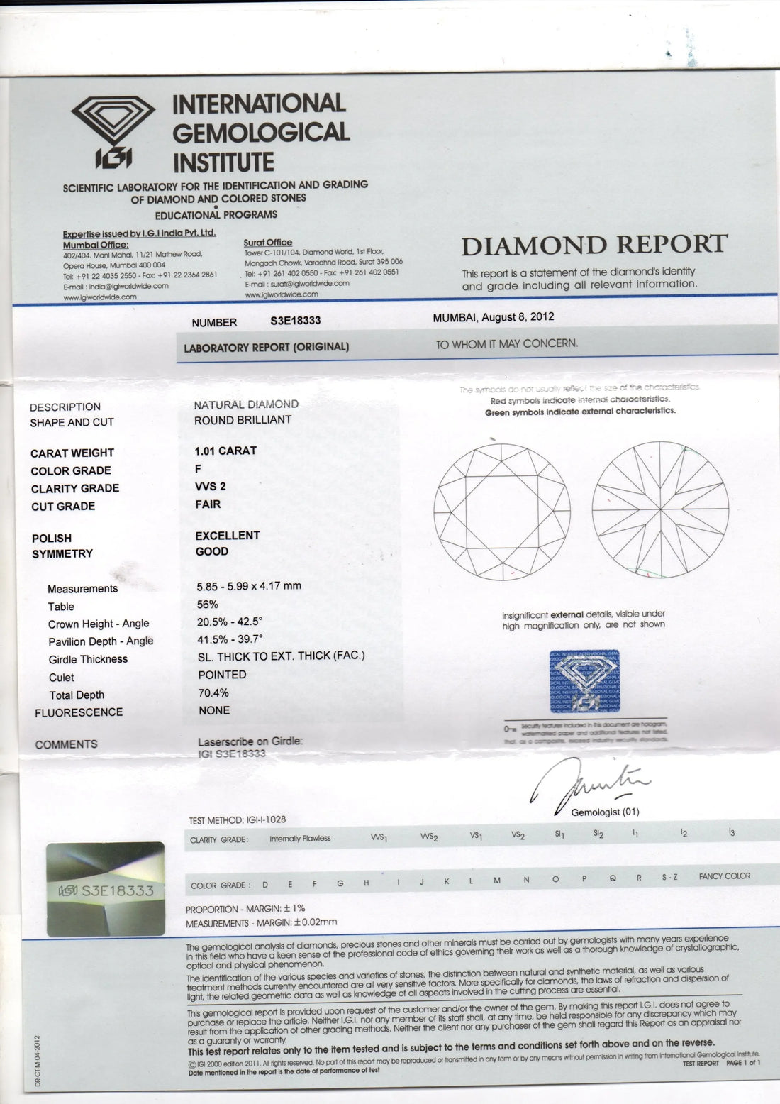 RARE 1.01 CT Solitaire IGI certify VVS2-F colour Natural Diamond - Venus Gems