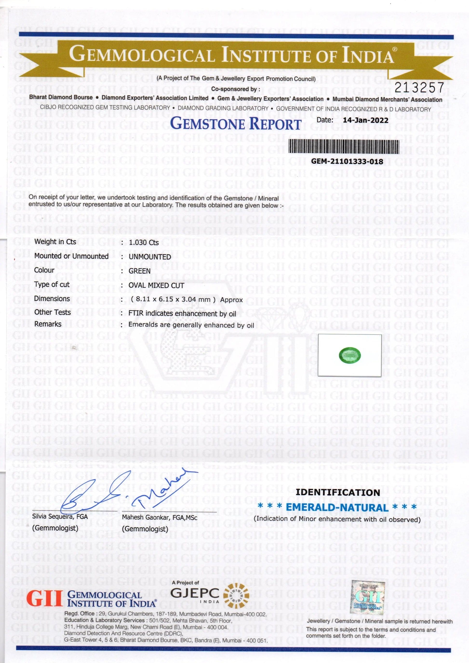 1.03 Ct GII Certified Untreated Natural Zambian Emerald Gemstone
