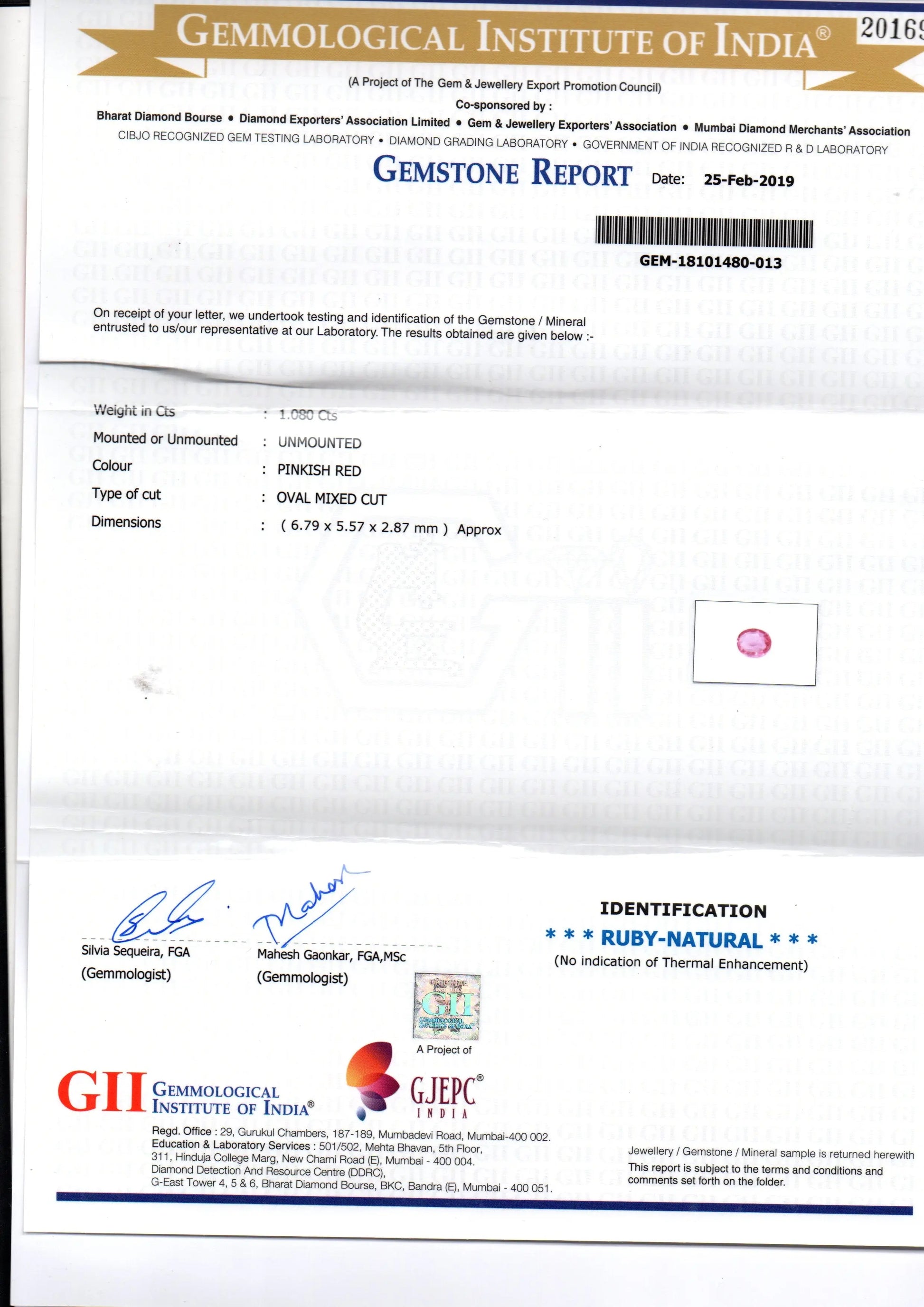 1.08 Ct GII Certified Unheated Untreated Natural Madagaskar Ruby AAA