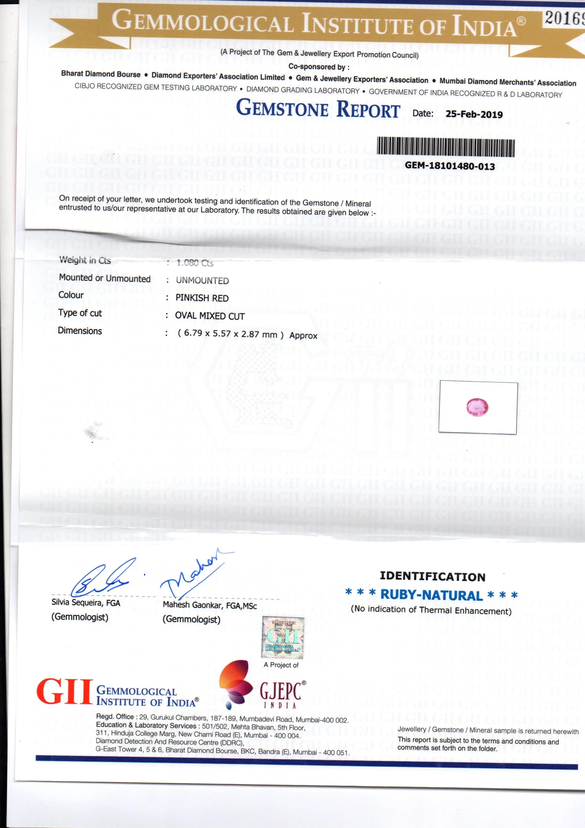 1.08 Ct GII Certified Unheated Untreated Natural Madagaskar Ruby AAA