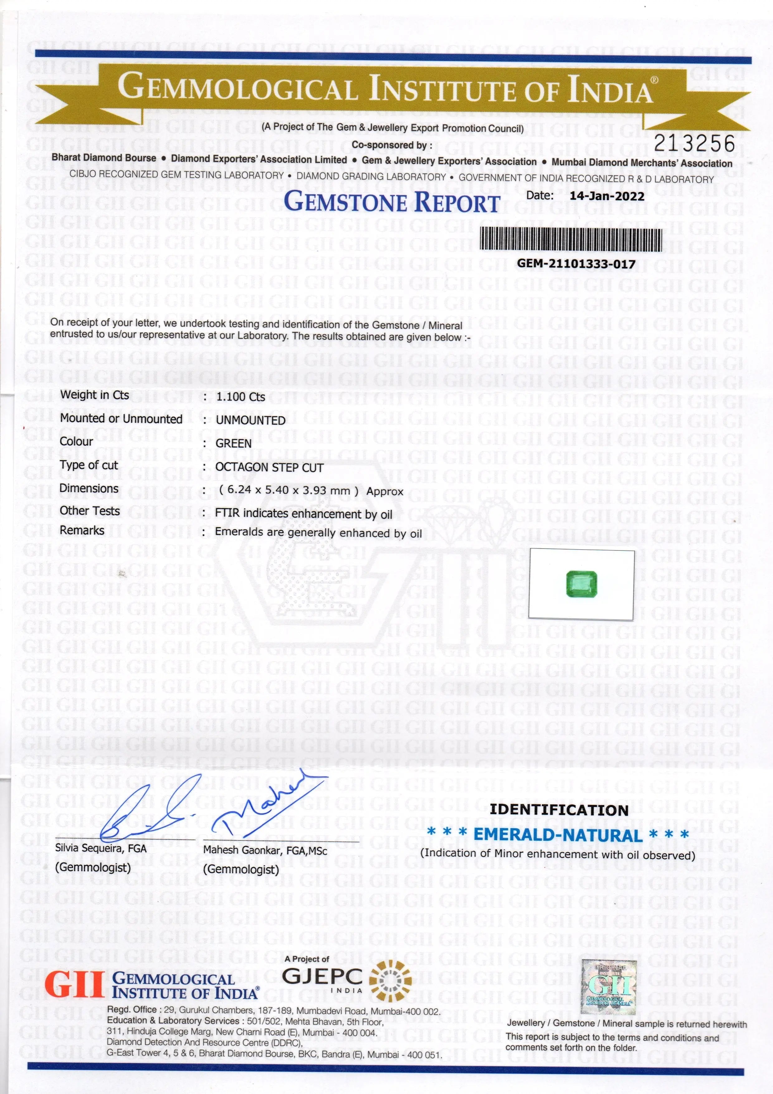 1.10 Ct GII Certified Untreated Natural Zambian Emerald Gemstone