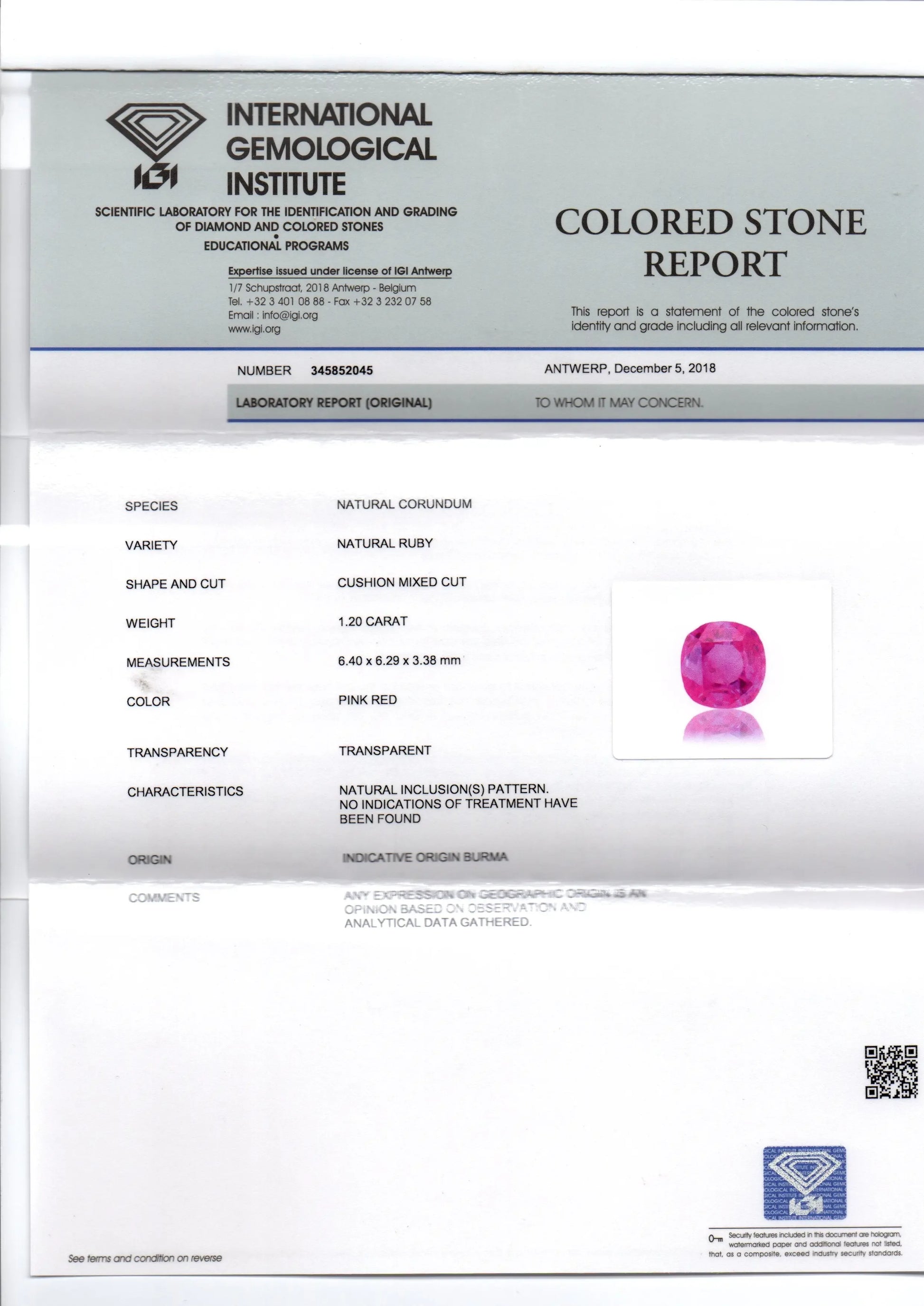 1.20 Ct IGI Certified Unheated Untreated Natural Old Burma Ruby AAA - Venus Gems