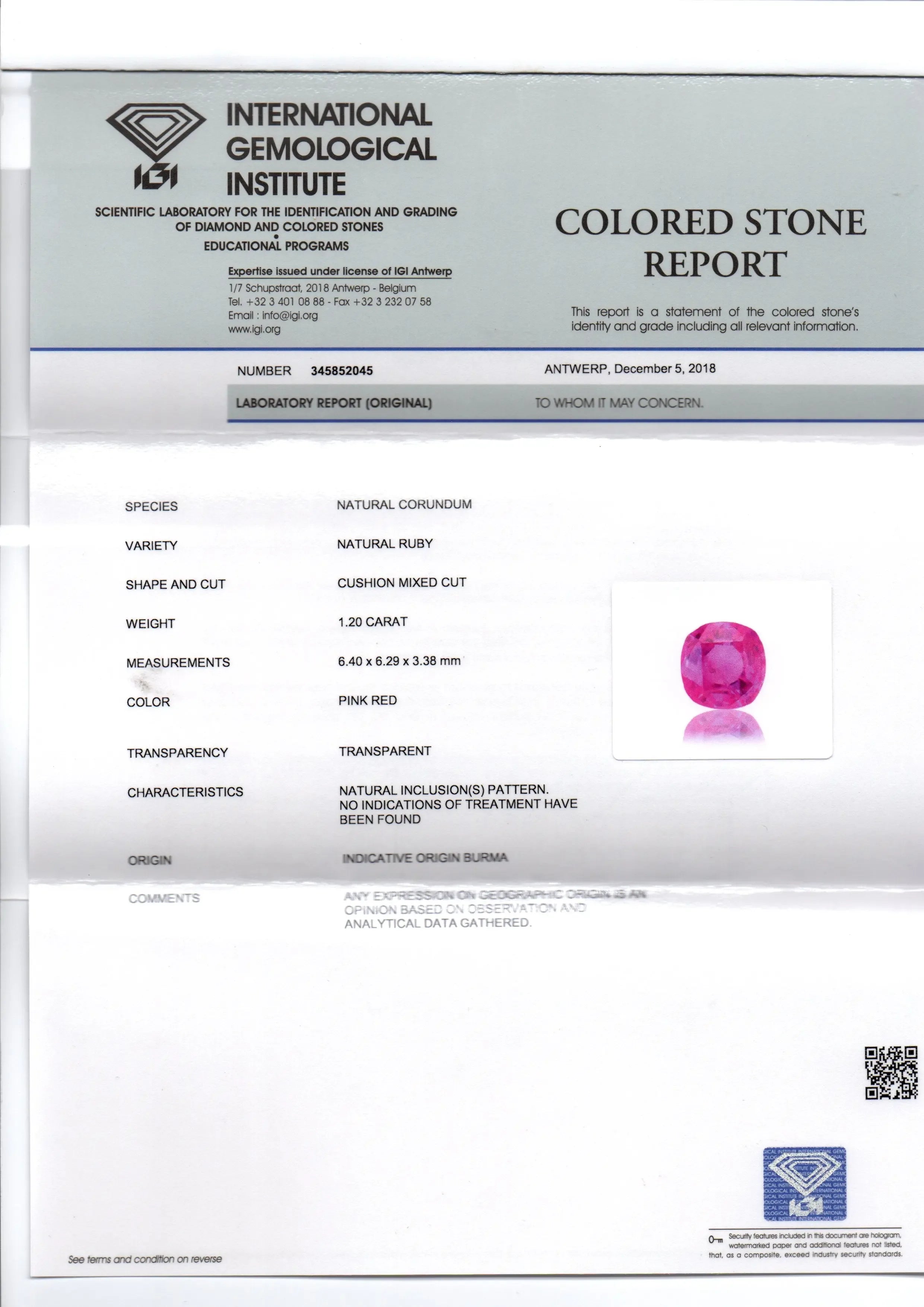 1.20 Ct IGI Certified Unheated Untreated Natural Old Burma Ruby AAA - Venus Gems