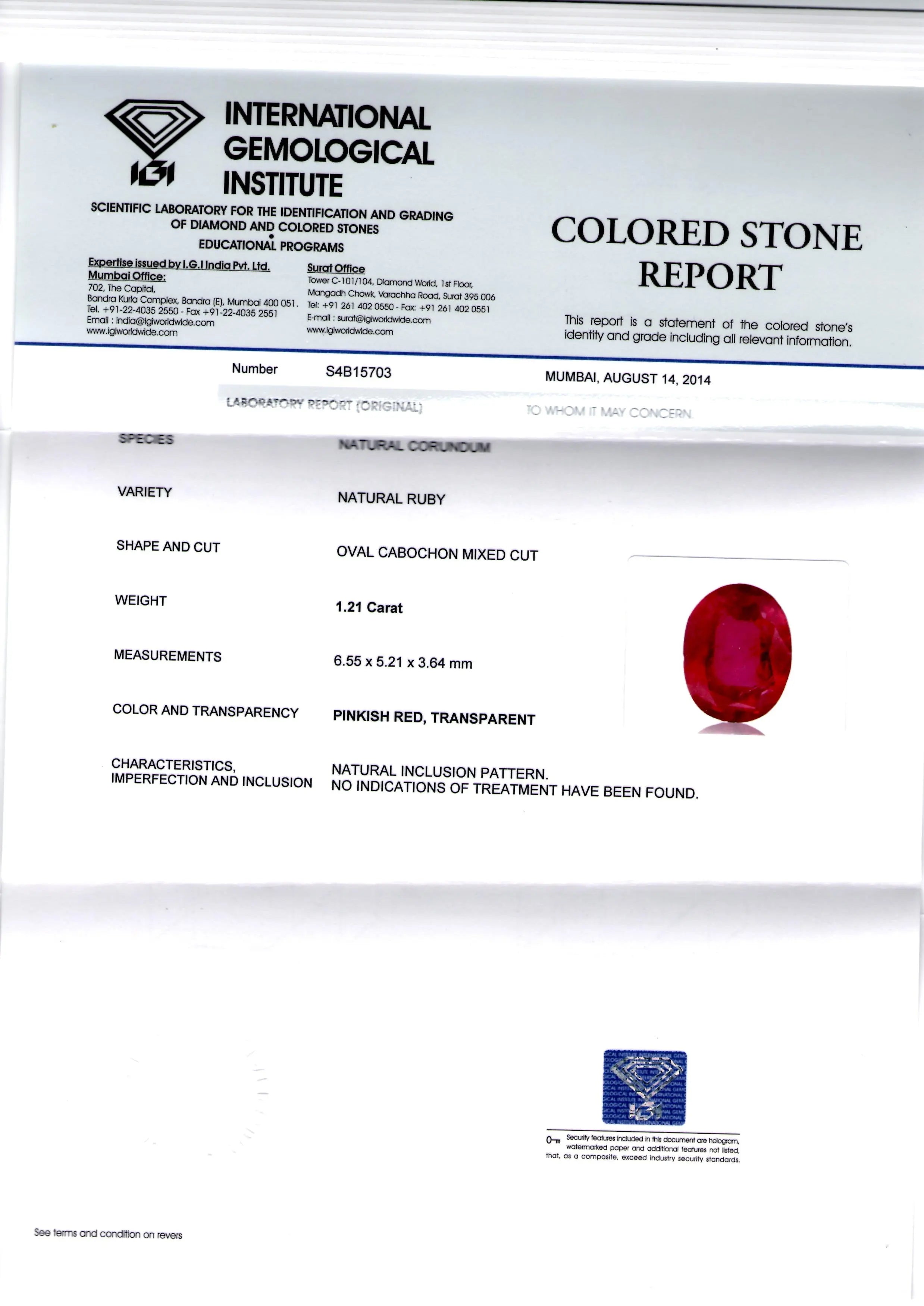 1.21 Ct IGI Certified Unheated Untreated Natural Mozambique Ruby