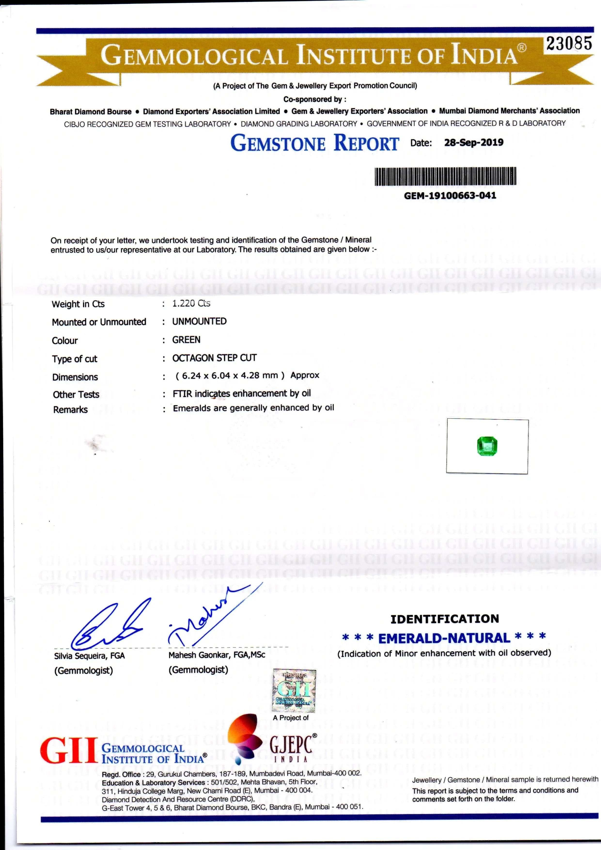 1.22 Ct GII Certified Untreated Natural Zambian Emerald Gemstone AAAAA