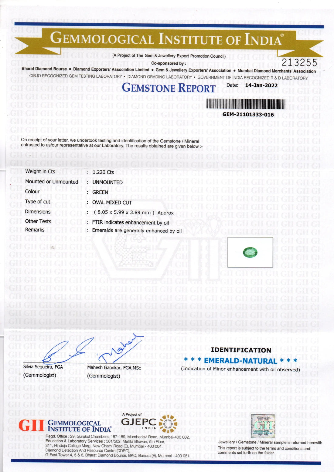 1.22 Ct GII Certified Untreated Natural Zambian Emerald Gemstone