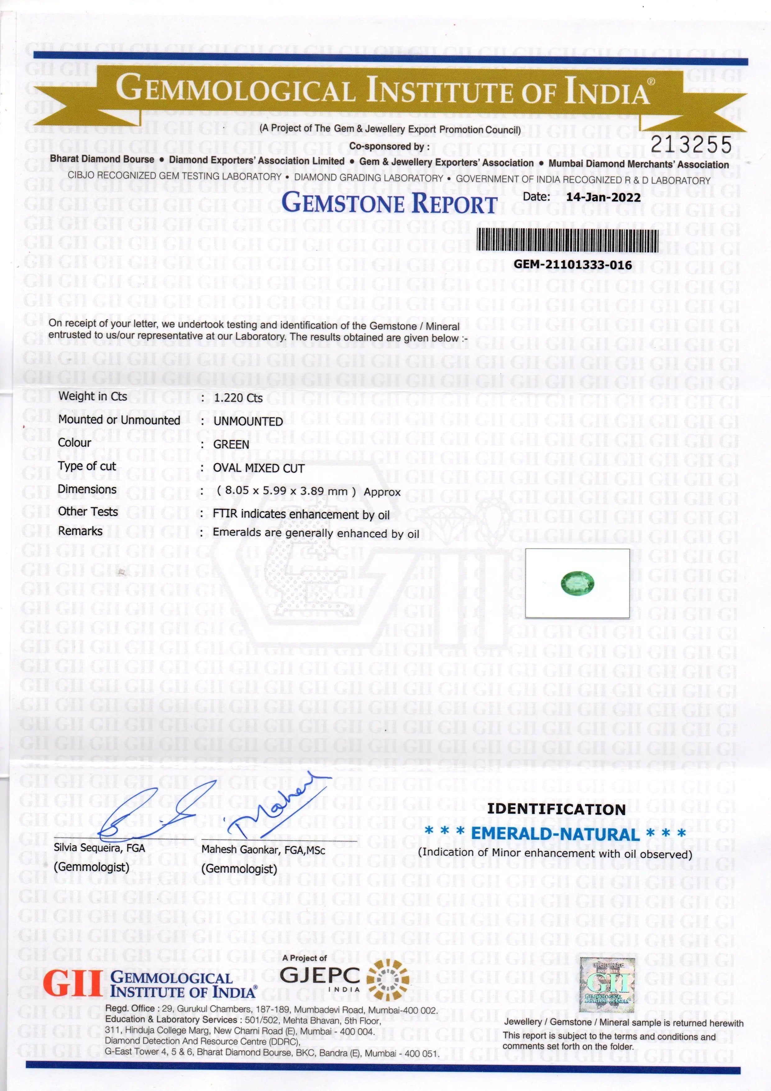 1.22 Ct GII Certified Untreated Natural Zambian Emerald Gemstone