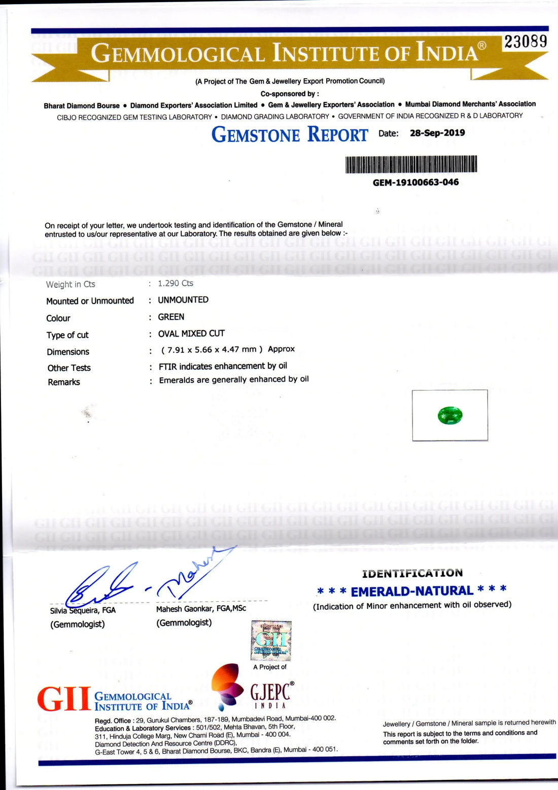1.29 Ct GII Certified Untreated Natural Zambian Emerald Gemstone AAA - Venus Gems
