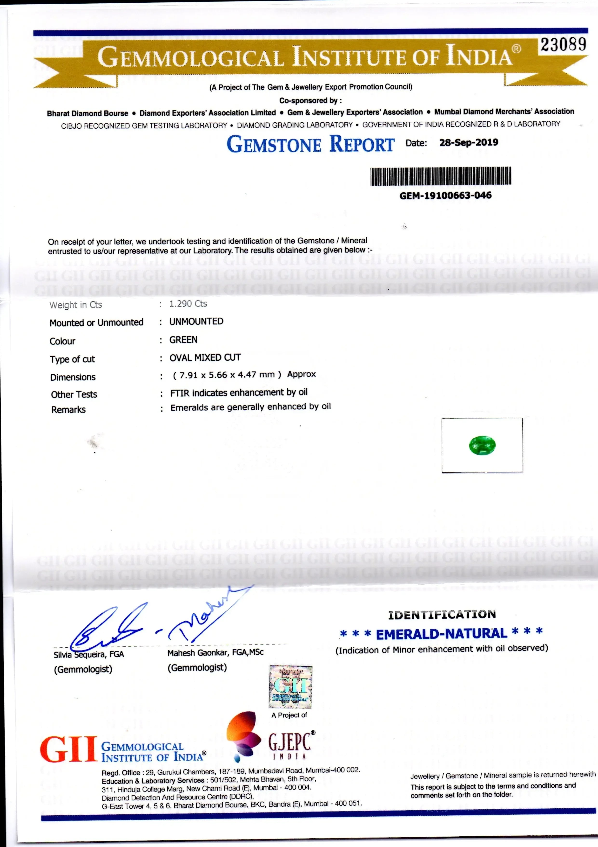1.29 Ct GII Certified Untreated Natural Zambian Emerald Gemstone AAA - Venus Gems