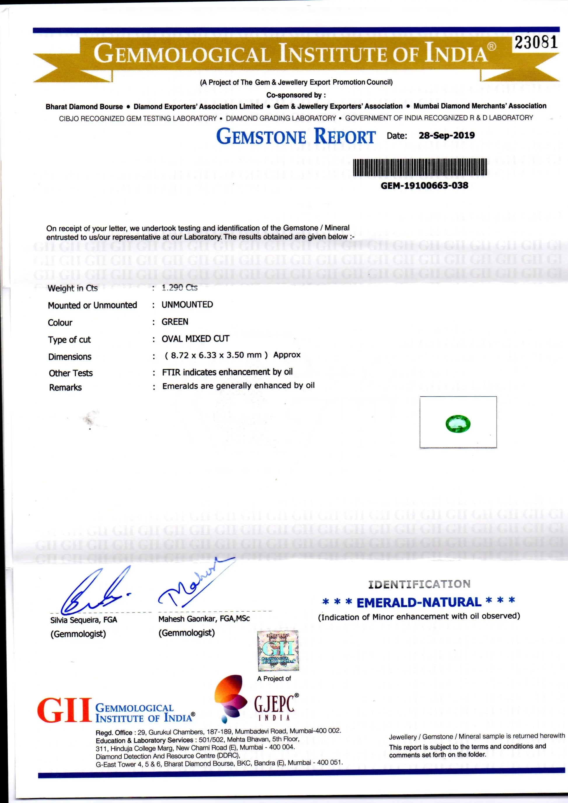 1.29 Ct GII Certified Untreated Natural Zambian Emerald Gemstone AAAAA