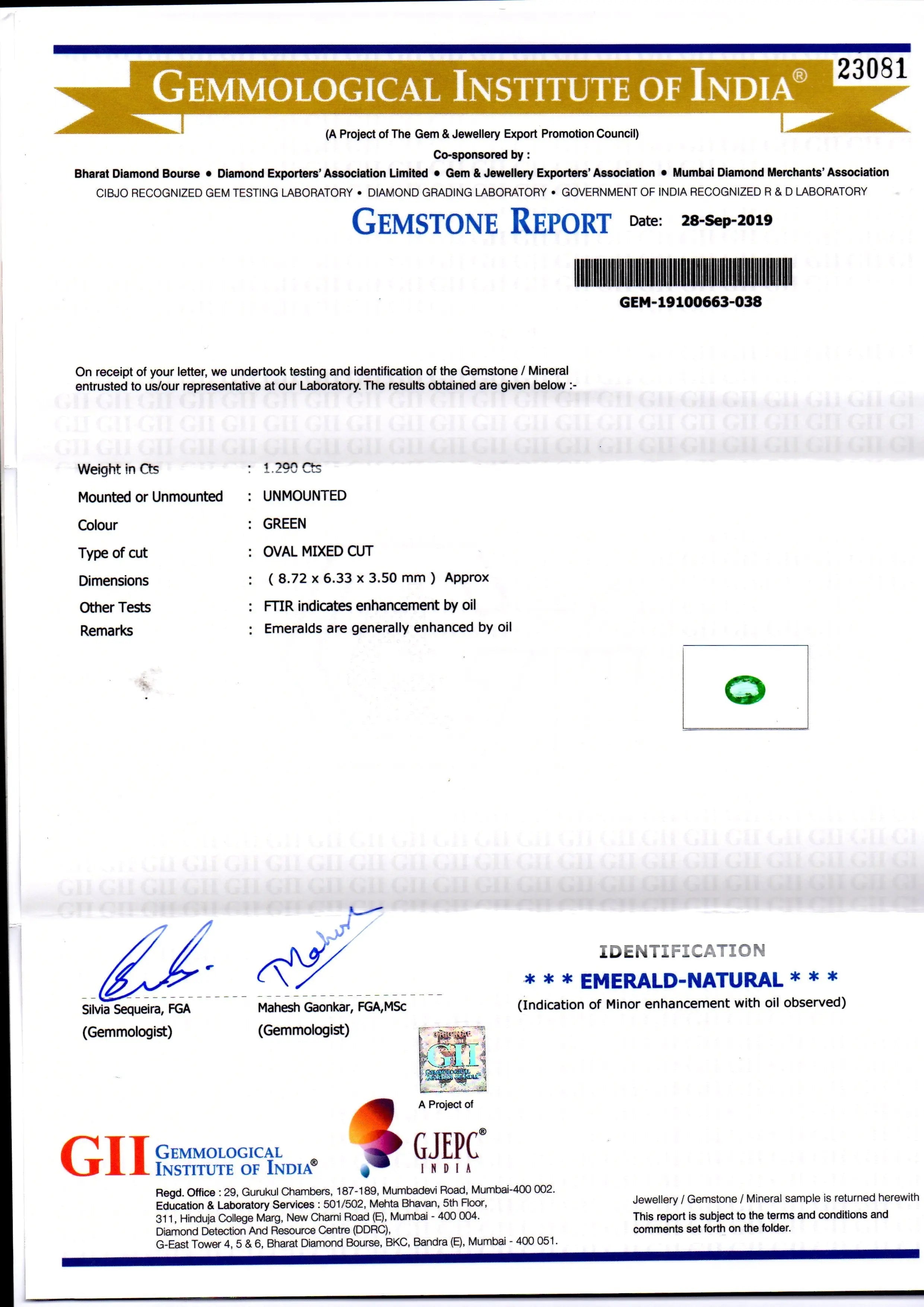 1.29 Ct GII Certified Untreated Natural Zambian Emerald Gemstone AAAAA