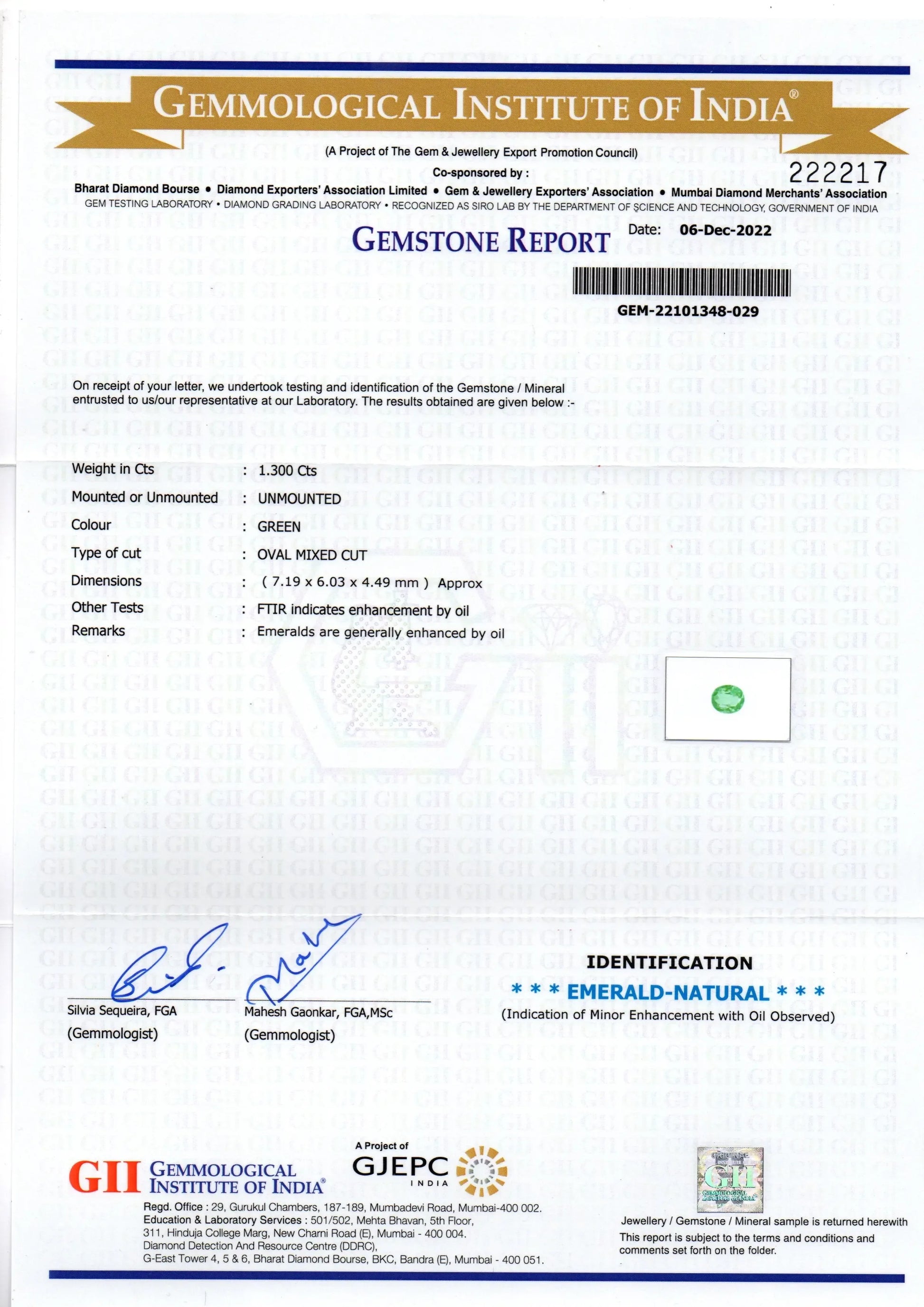 1.30 Ct GII Certified Untreated Natural Colombian Emerald Gemstone AAA - Venus Gems