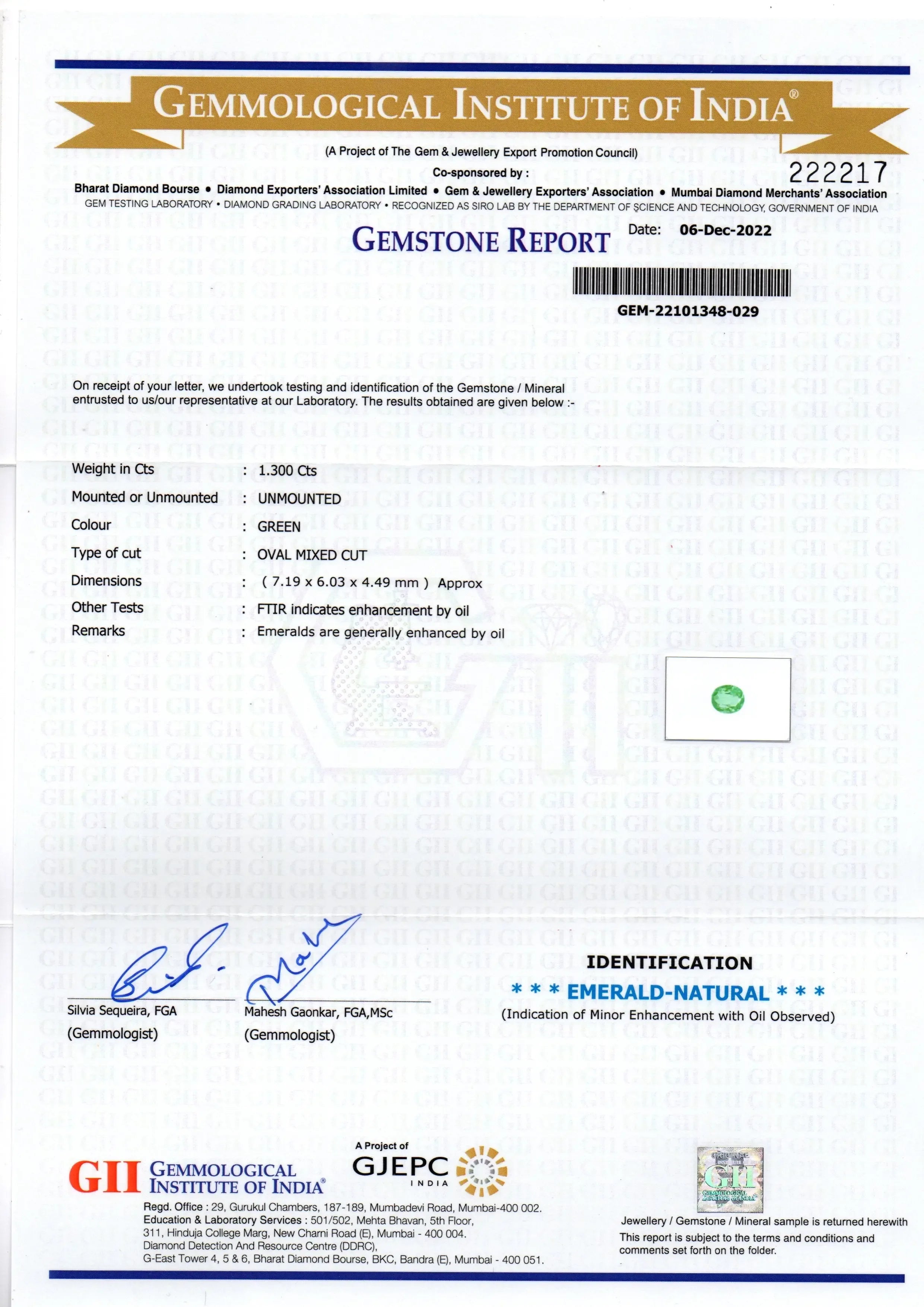 1.30 Ct GII Certified Untreated Natural Colombian Emerald Gemstone AAA - Venus Gems