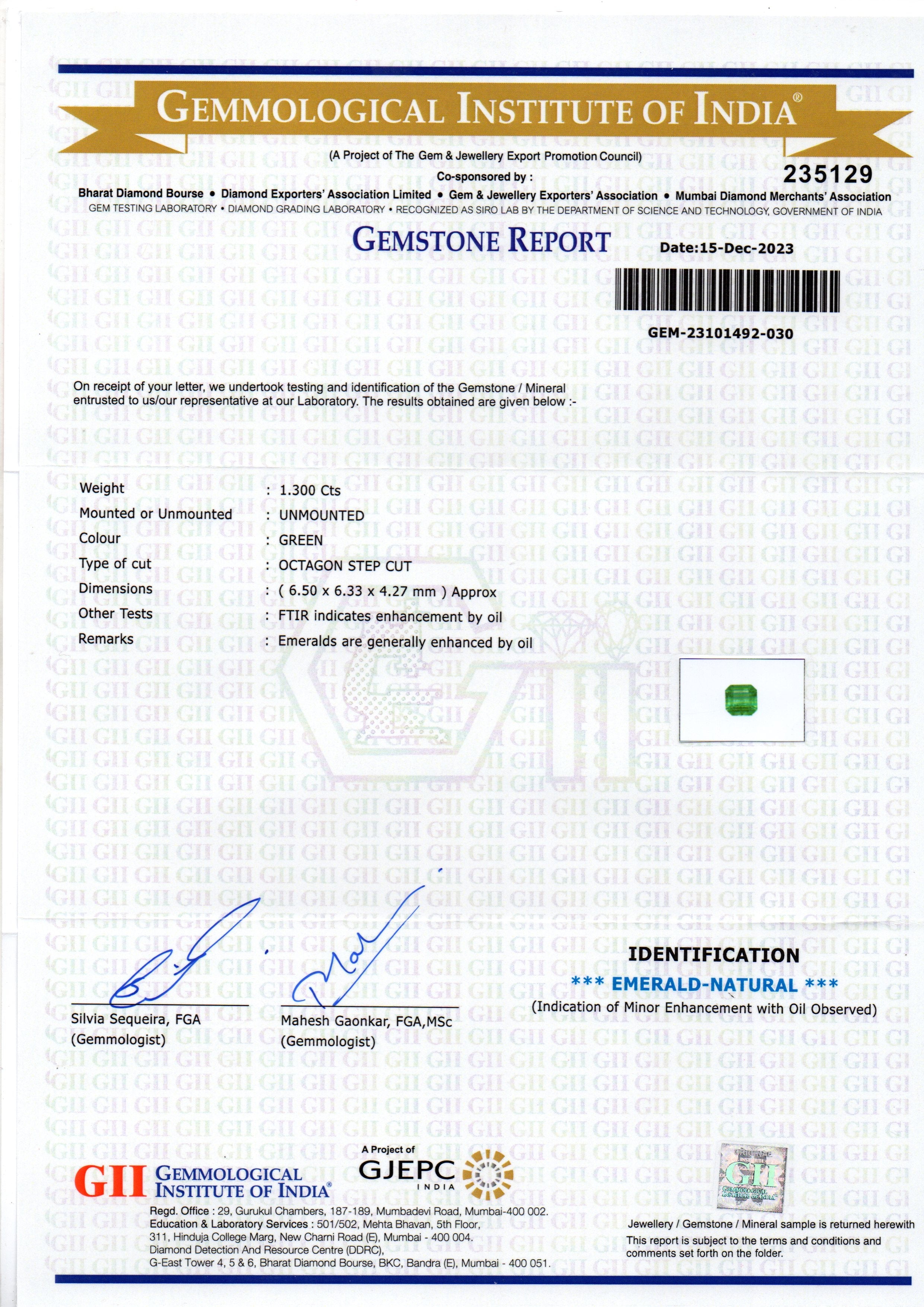 1.30 Ct GII Certified Untreated Natural Zambian Emerald Panna AAAA