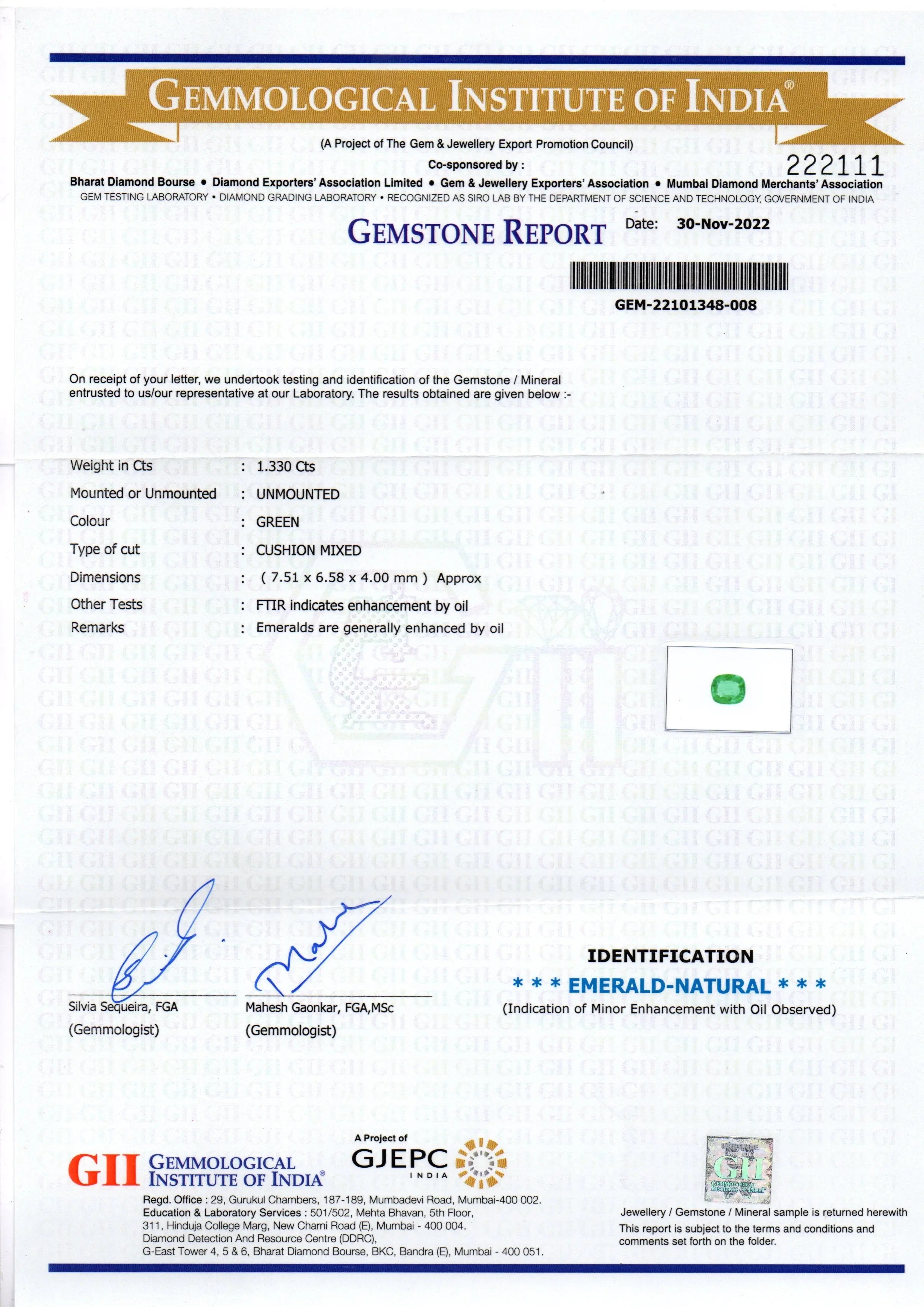 1.33 Ct GII Certified Untreated Natural Zambian Emerald Gemstone AAA