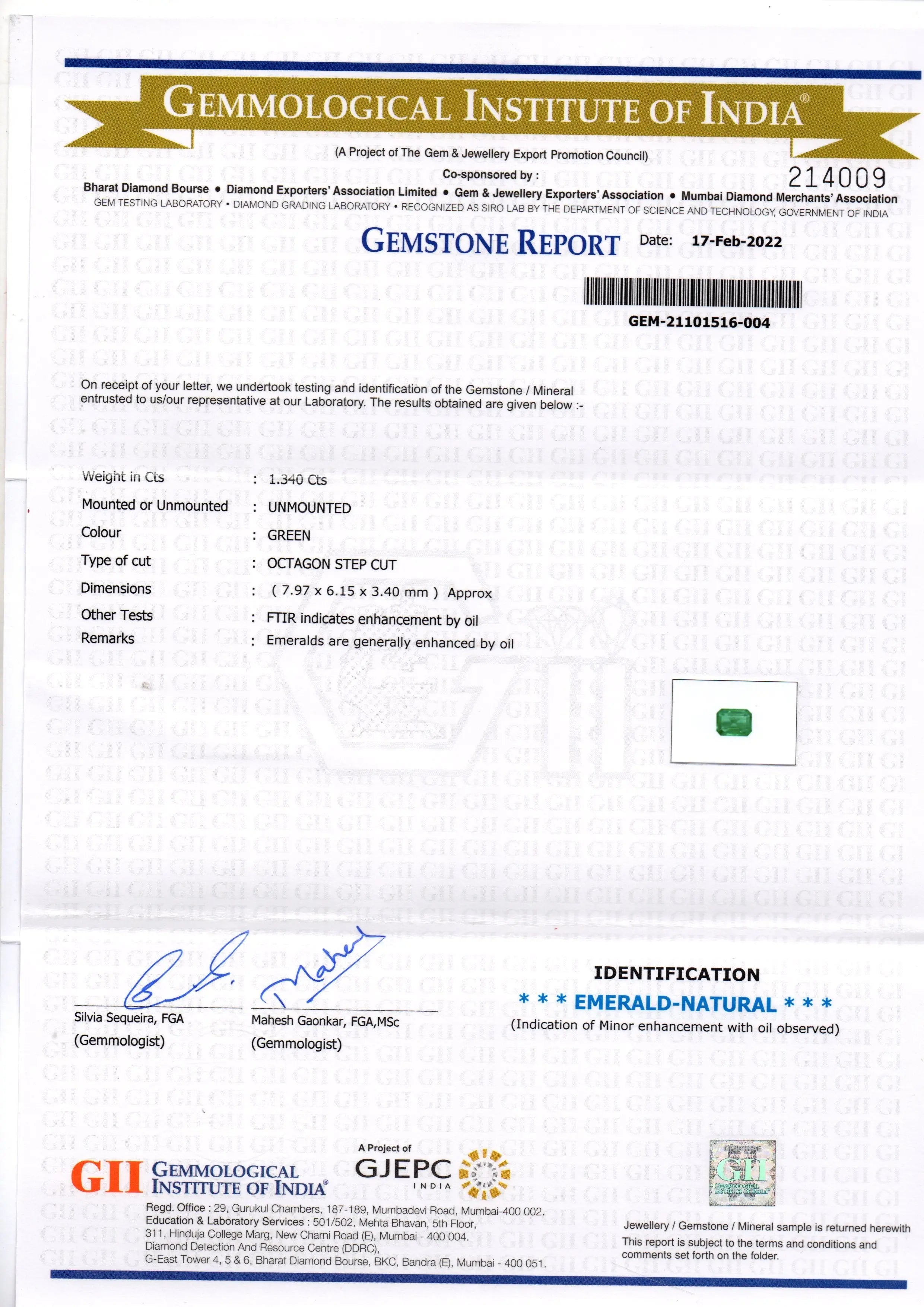 1.34 Ct GII Certified Untreated Natural Zambian Emerald Gemstone AAA