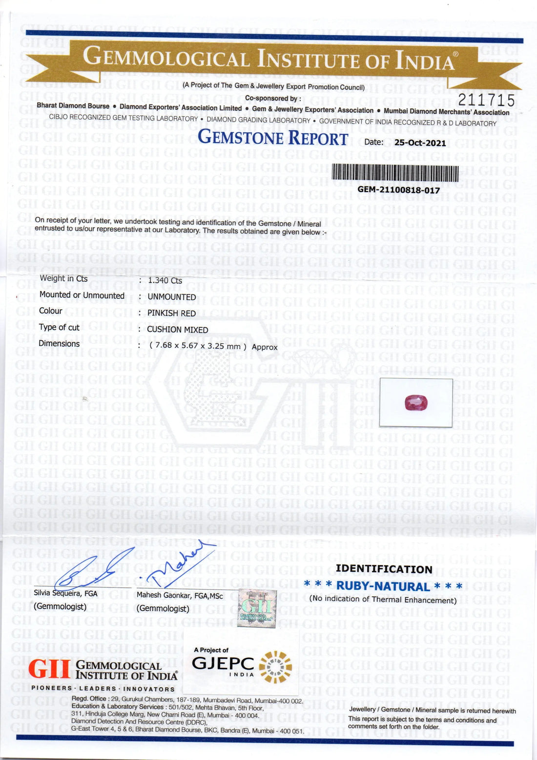 1.34 Ct GII Certified Unheated Untreted Natural Madagaskar Ruby Gems