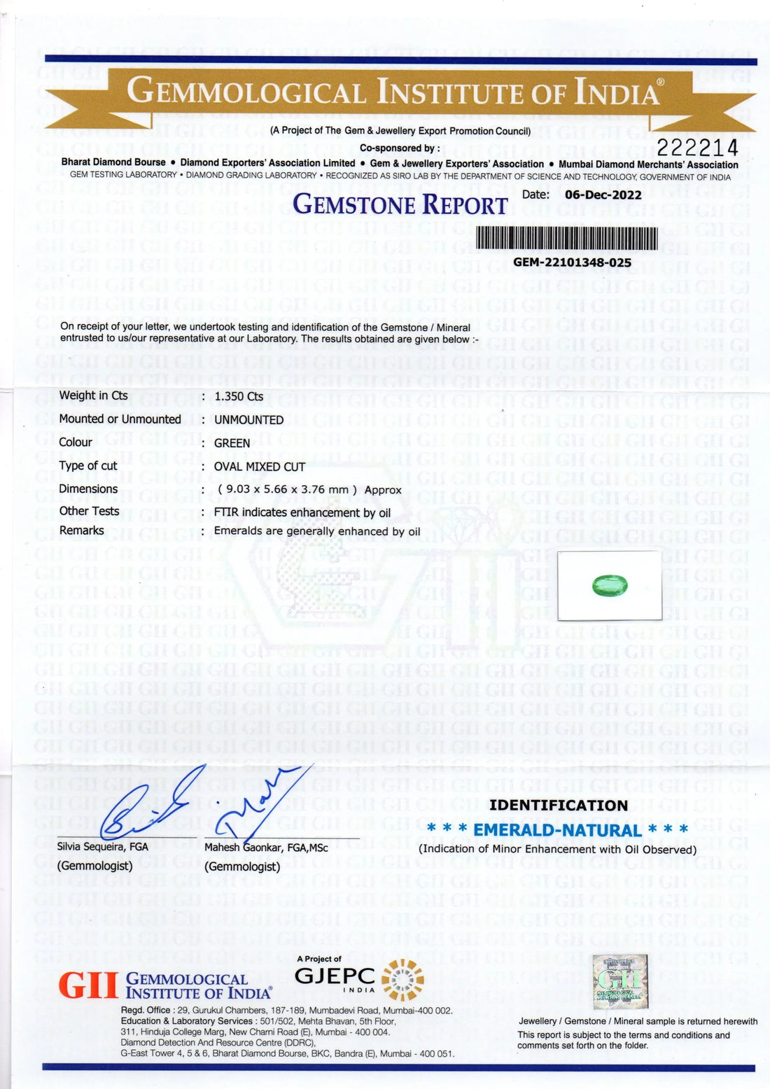 1.35 Ct GII Certified Untreated Natural Colombian Emerald Gemstone AAA - Venus Gems