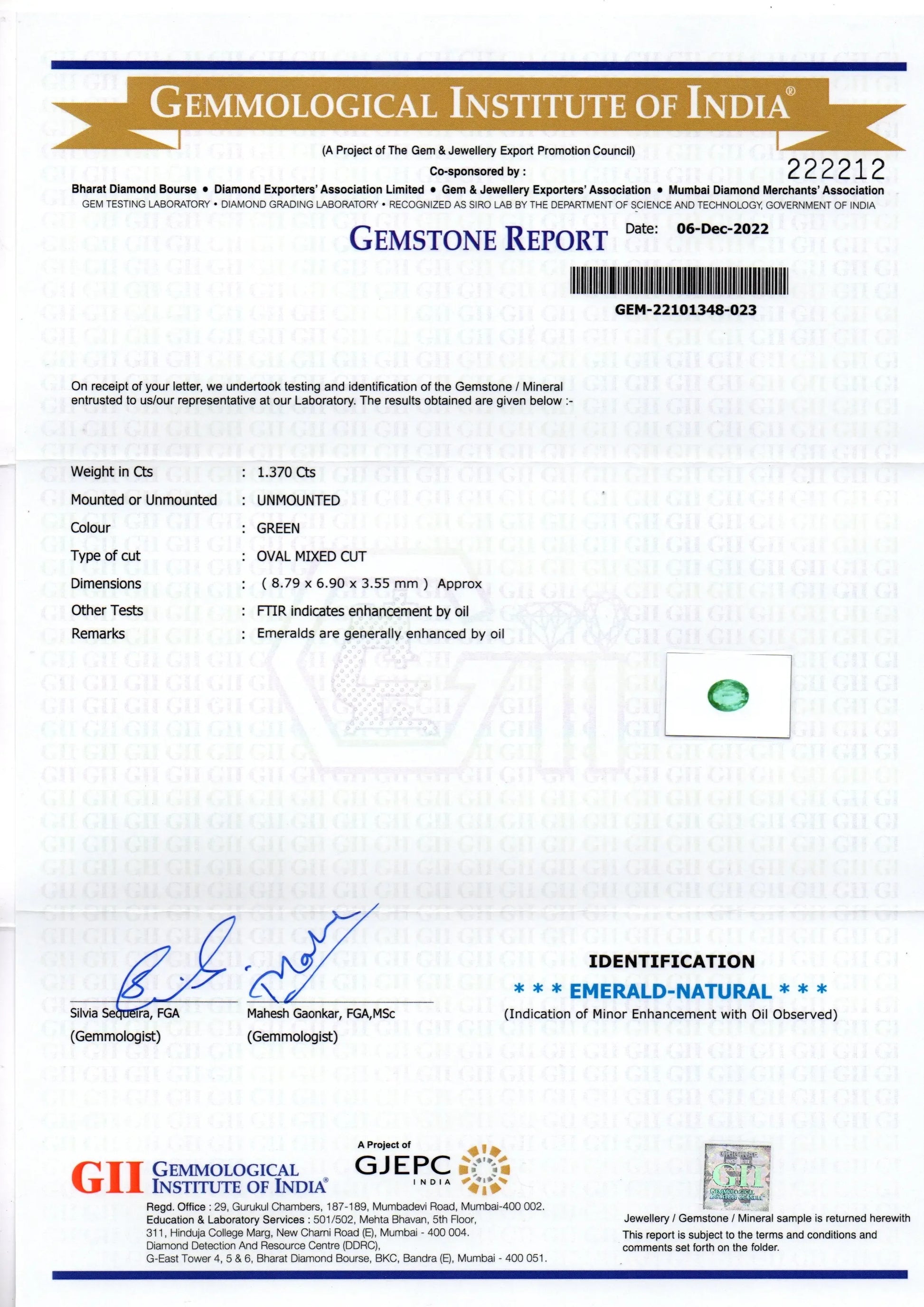 1.37 Ct GII Certified Untreated Natural Colombian Emerald Gemstone AAA - Venus Gems