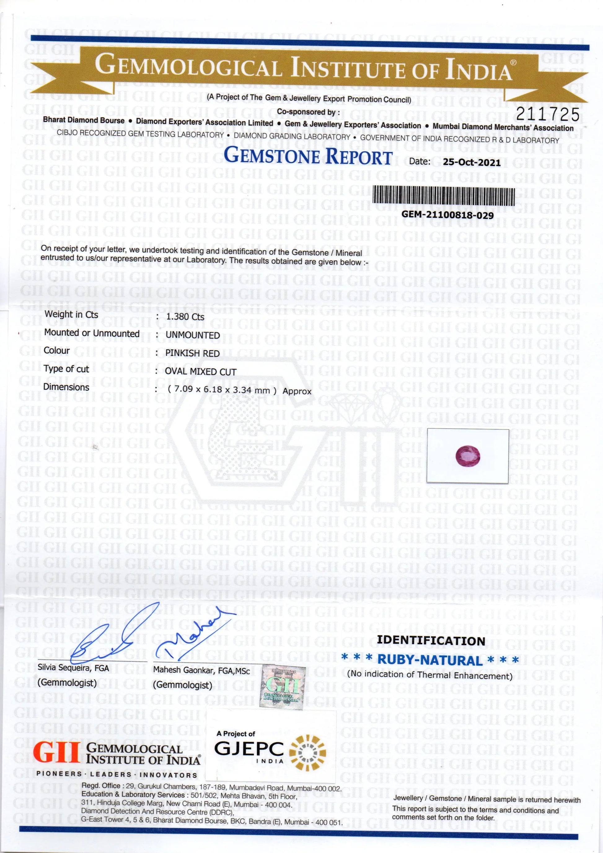 1.38 Ct GII Certified Unheated Untreted Natural Madagaskar Ruby Gems