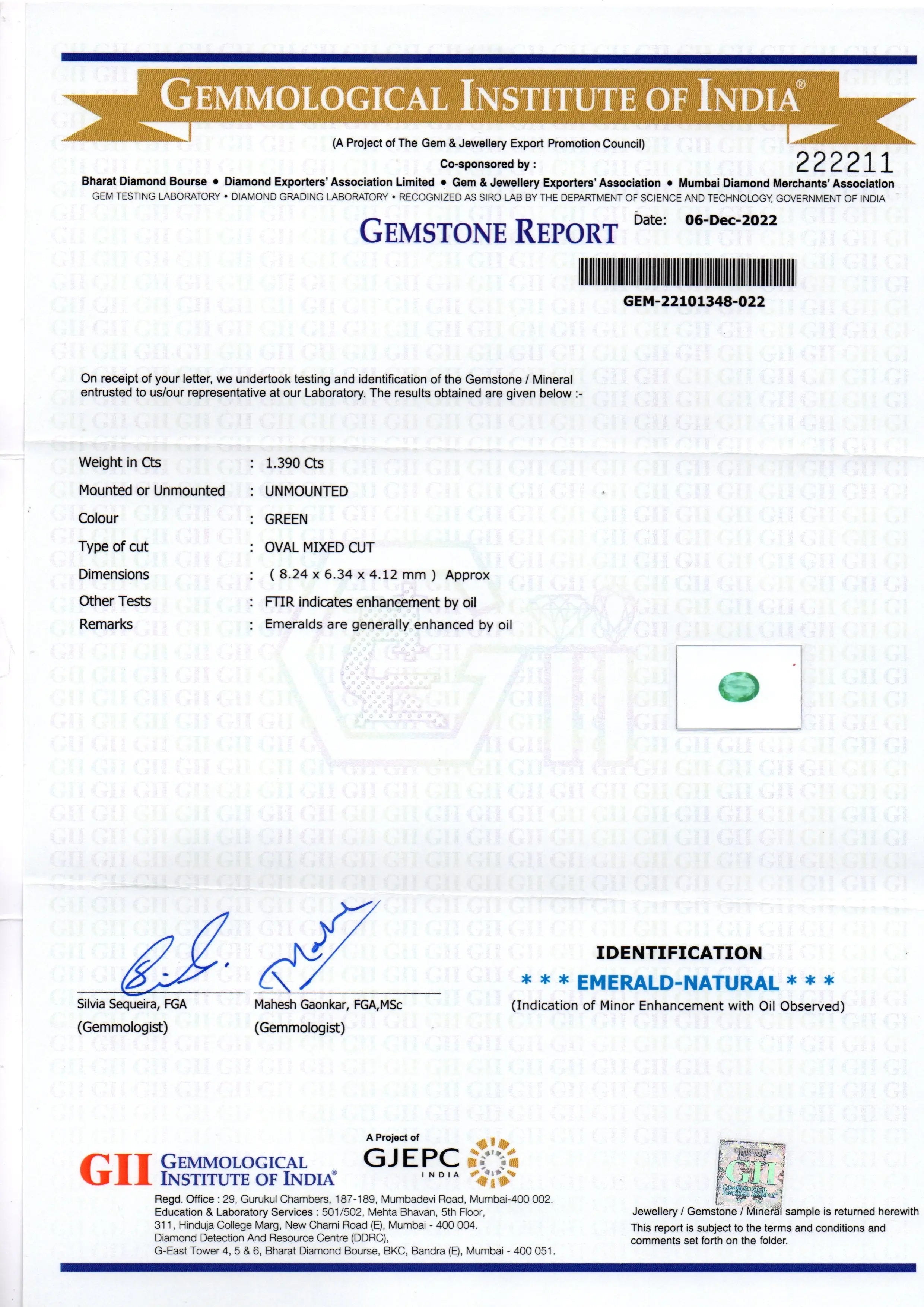 1.39 Ct GII Certified Untreated Natural Colombian Emerald Gemstone AAA