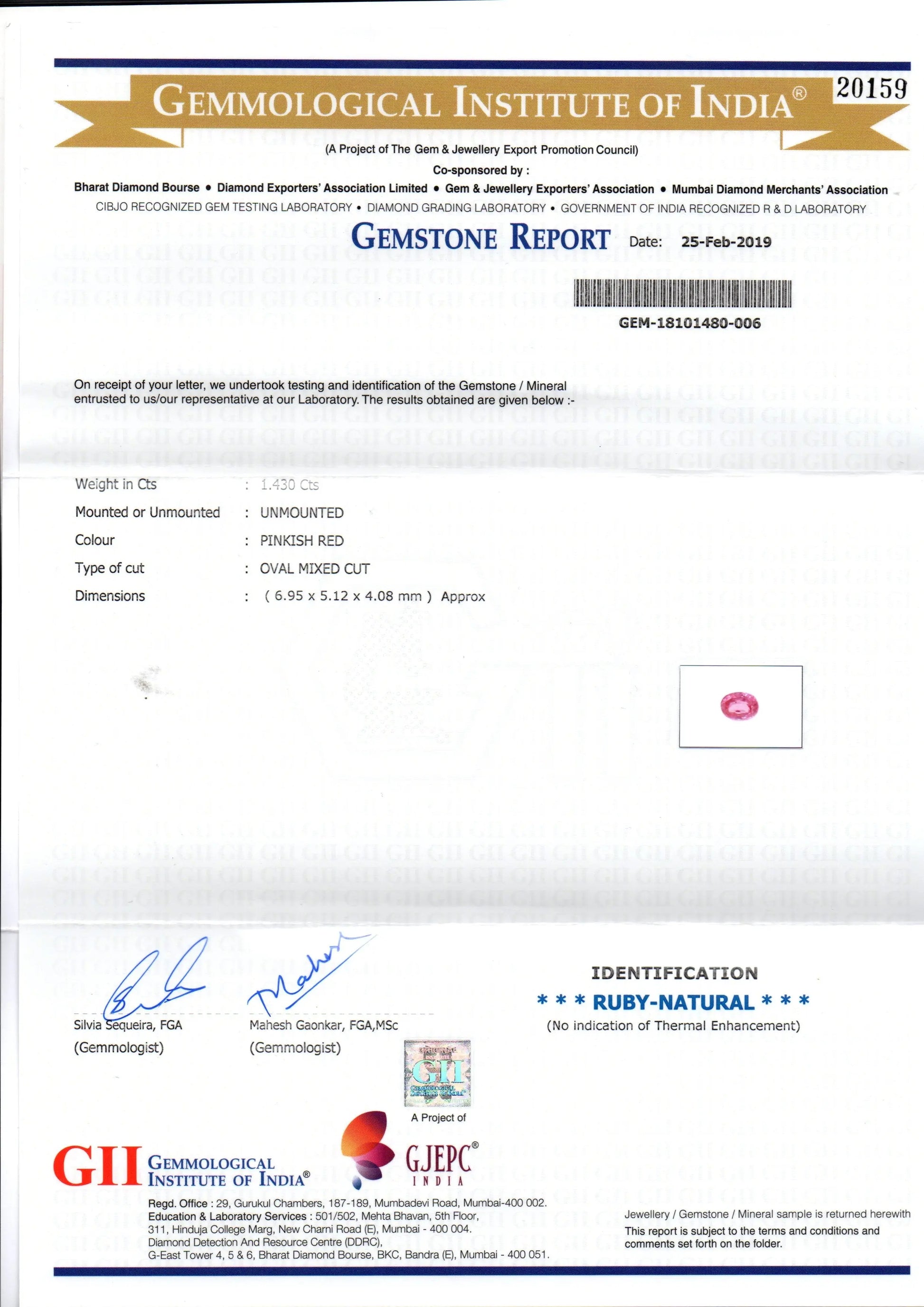1.43 Ct GII Certified Unheated Untreated Natural Madagaskar Ruby AAA
