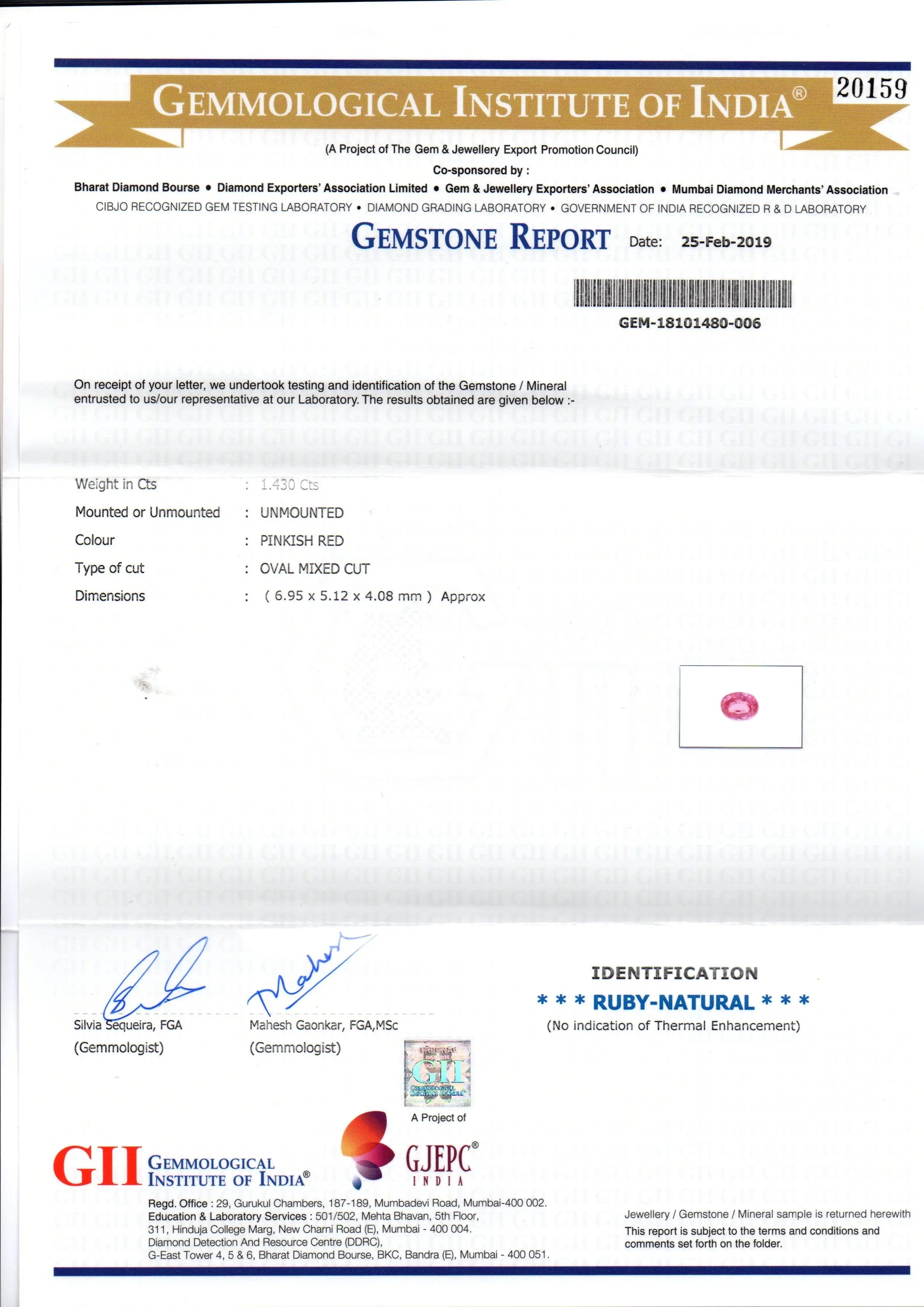1.43 Ct GII Certified Unheated Untreated Natural Madagaskar Ruby AAA