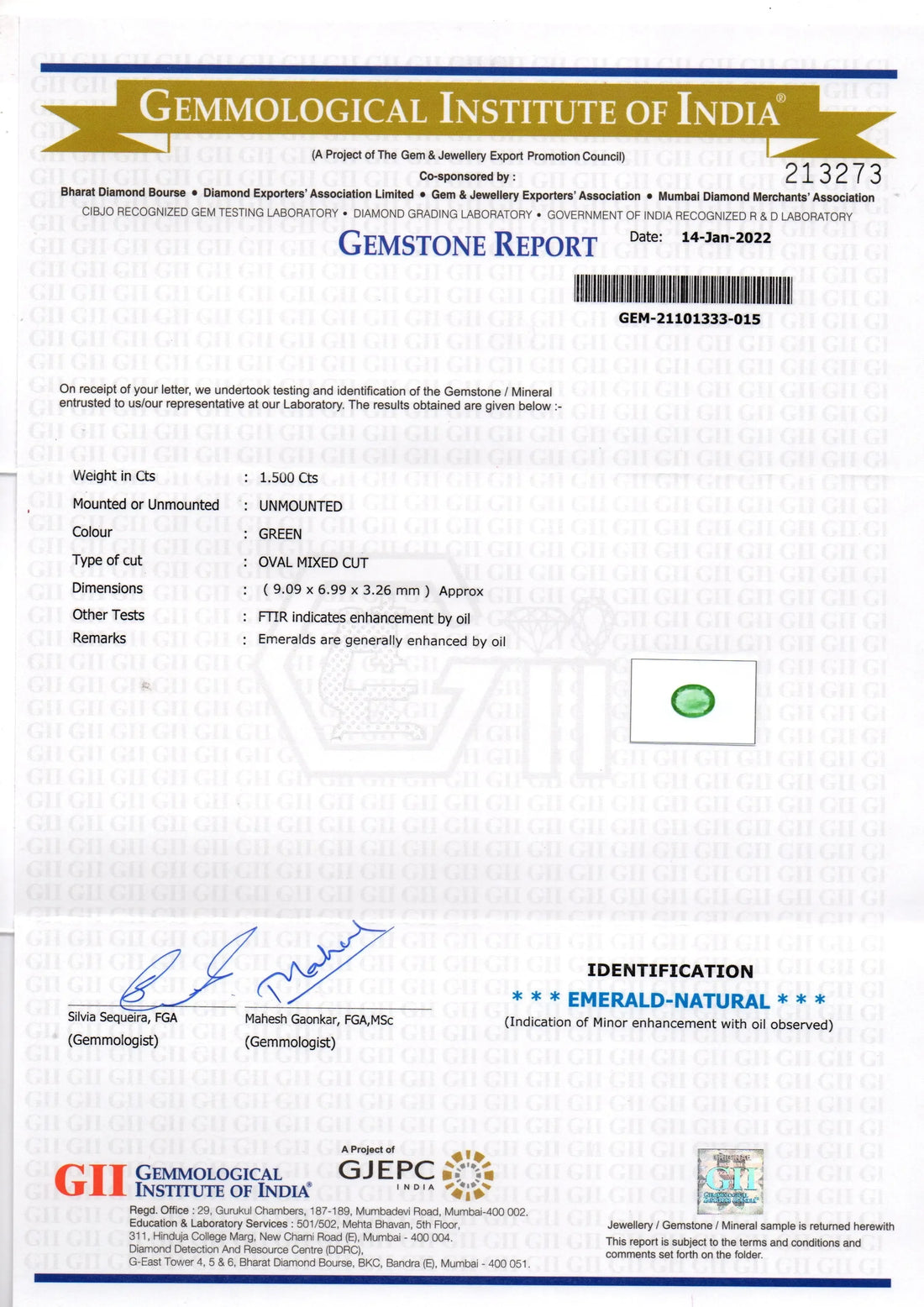 1.50 Ct GII Certified Untreated Natural Zambian Emerald Gemstone - Venus Gems