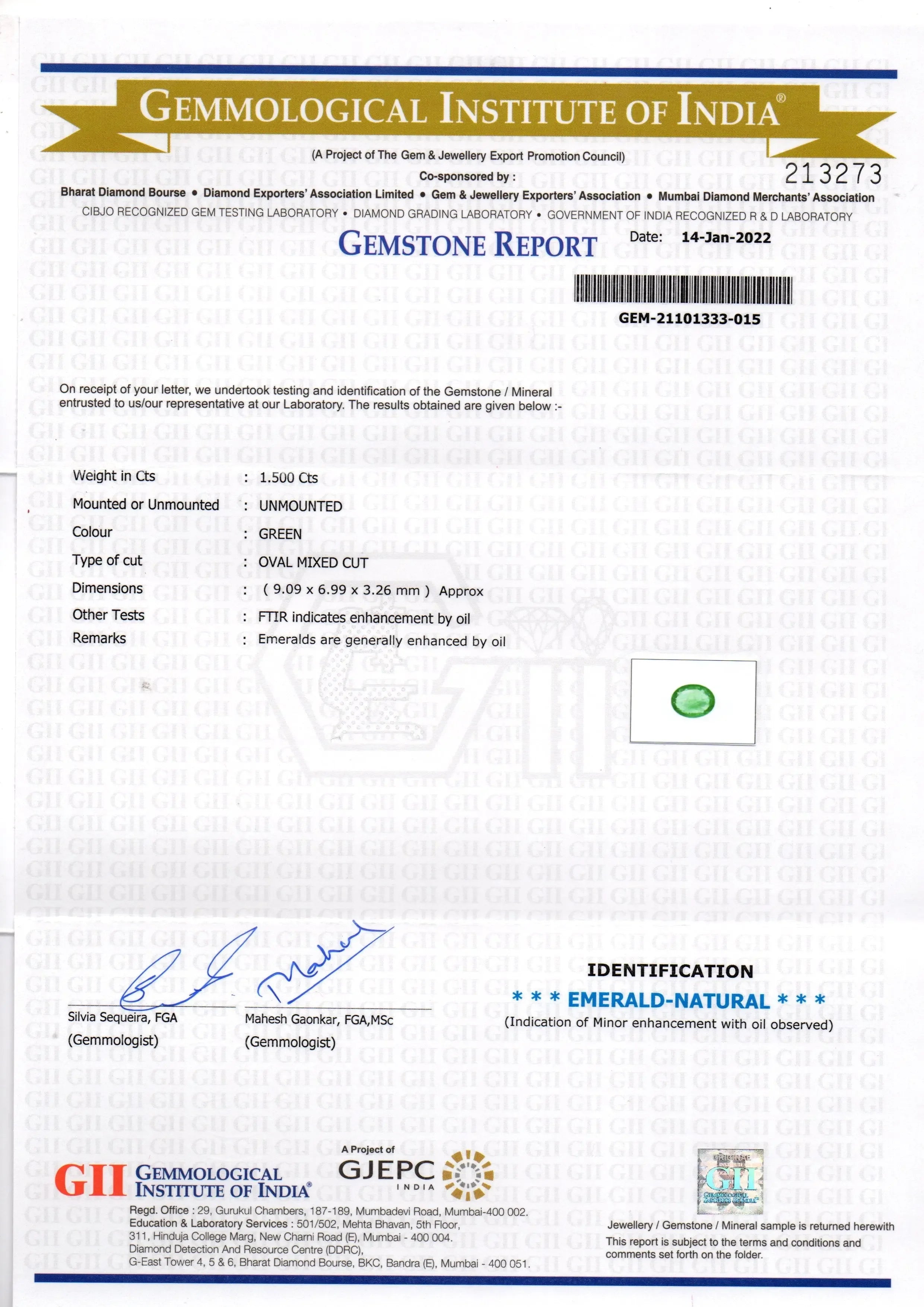 1.50 Ct GII Certified Untreated Natural Zambian Emerald Gemstone - Venus Gems