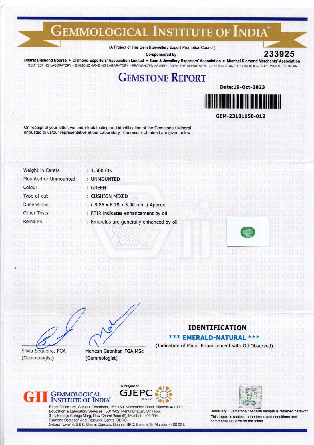 1.50 Ct GII Certified Untreated Natural Zambian Emerald Panna Gems - Venus Gems