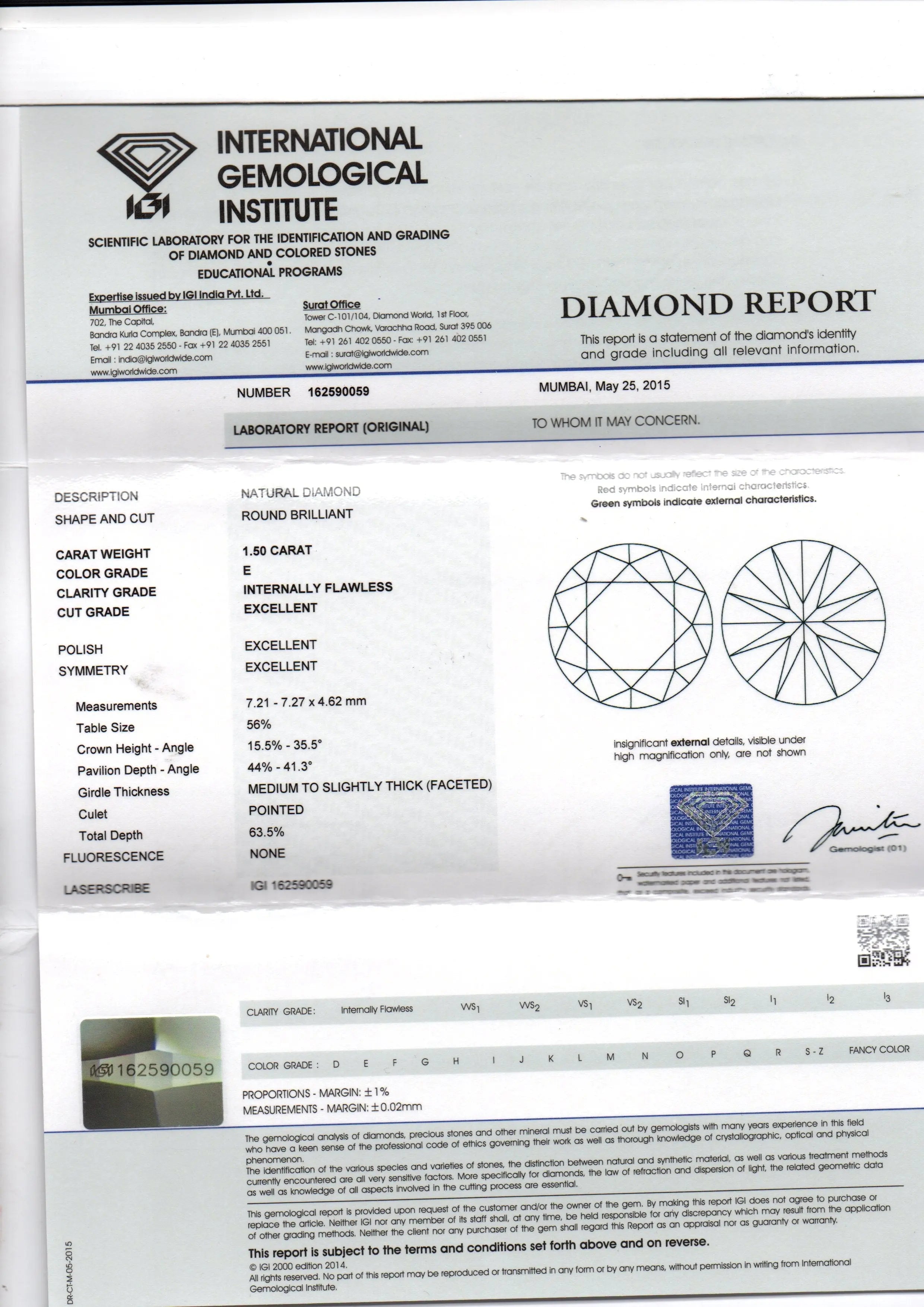 Rare 1.50 Ct Natural Diamond IF Clarity and F Colour IGI Certified XXX