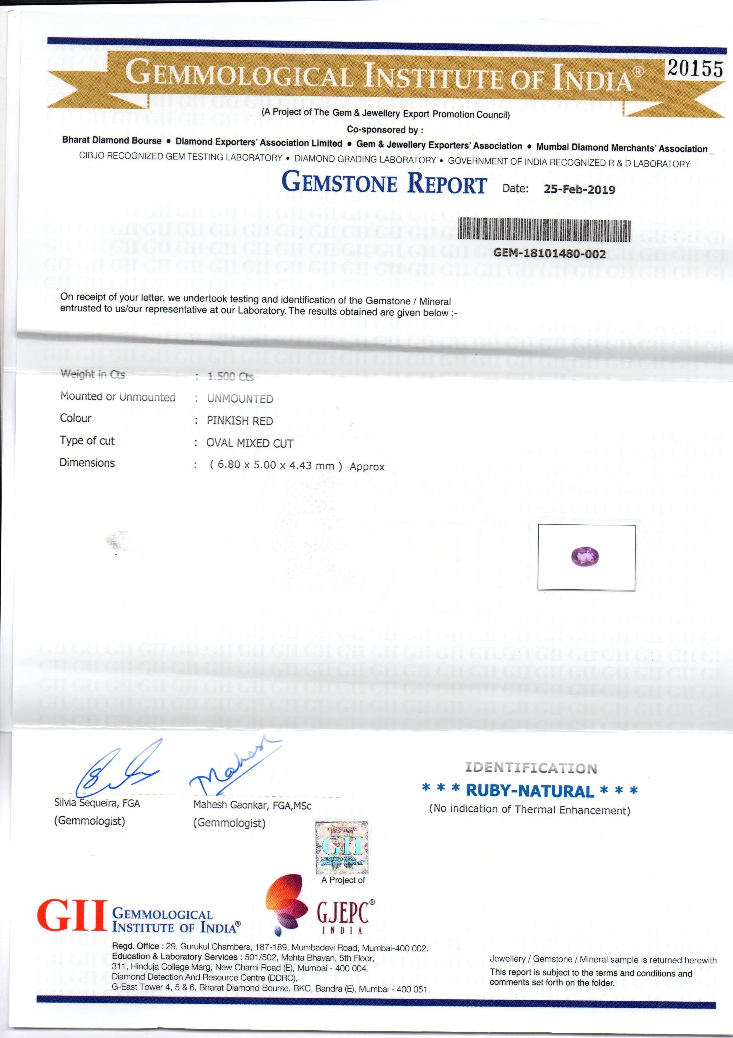 1.50 Ct GII Certified Unheated Untreated Natural Madagaskar Ruby AAA