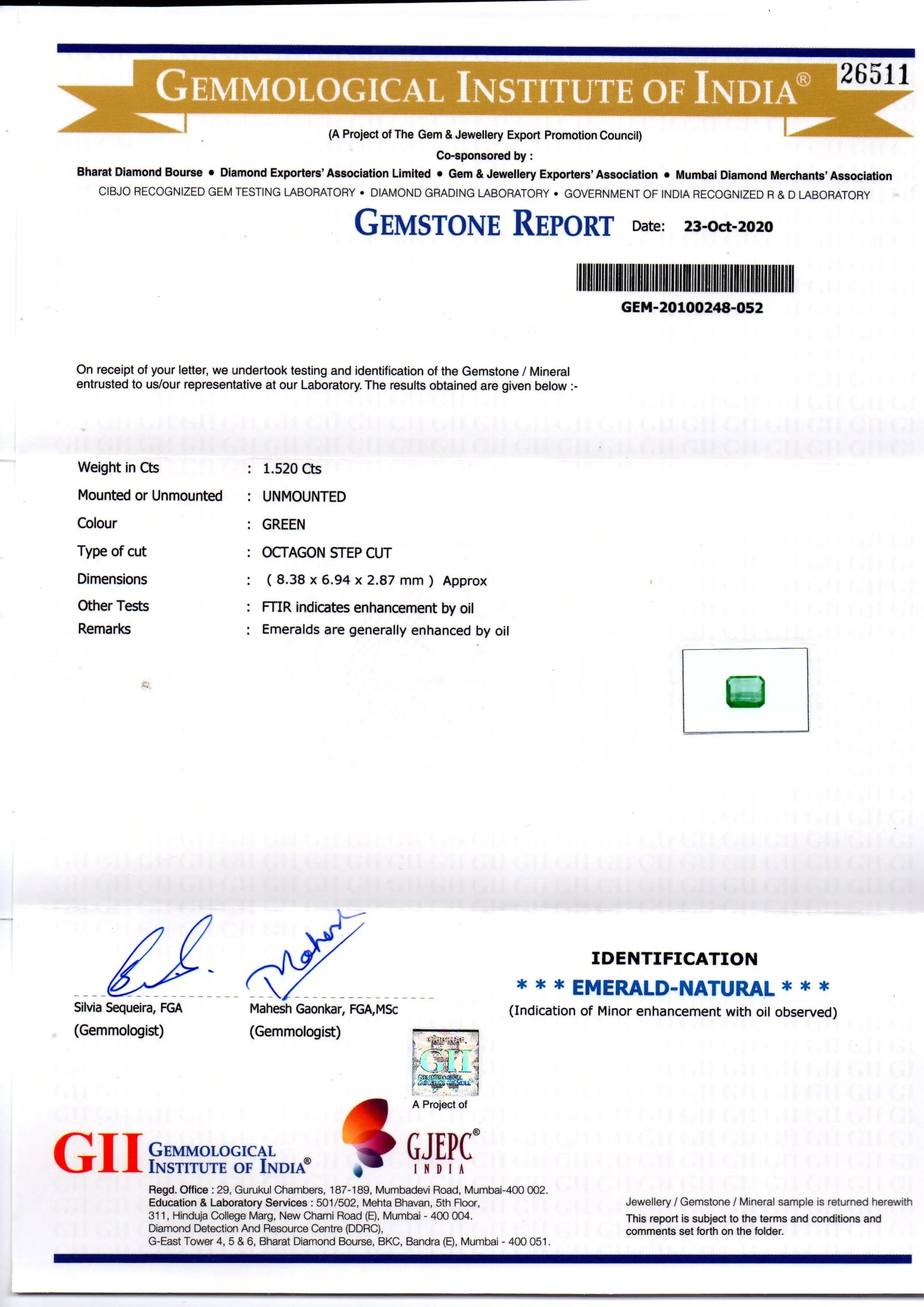 1.52 Ct GII Certified Untreated Natural Zambian Emerald Gems AAAAA