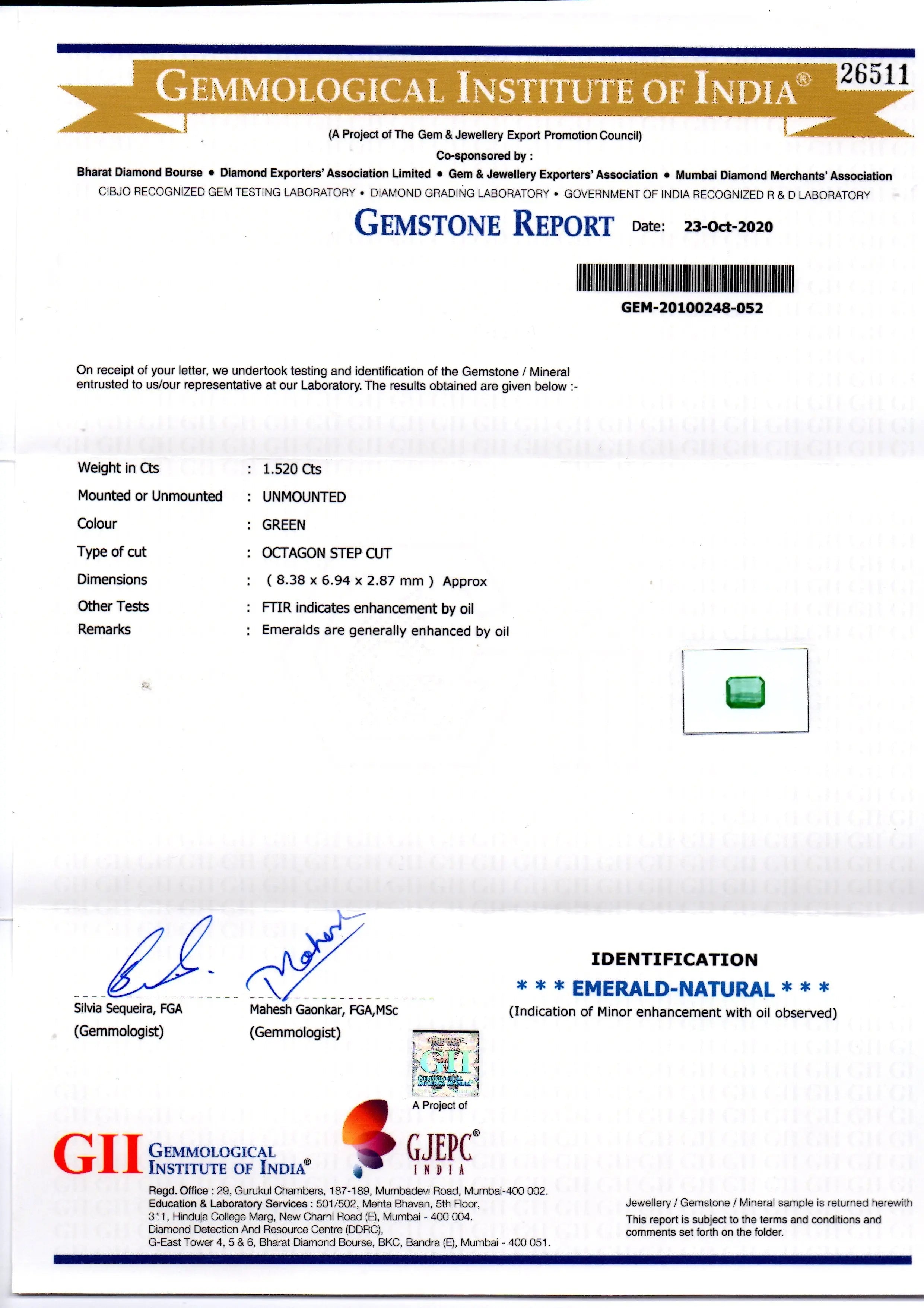 1.52 Ct GII Certified Untreated Natural Zambian Emerald Gems AAAAA