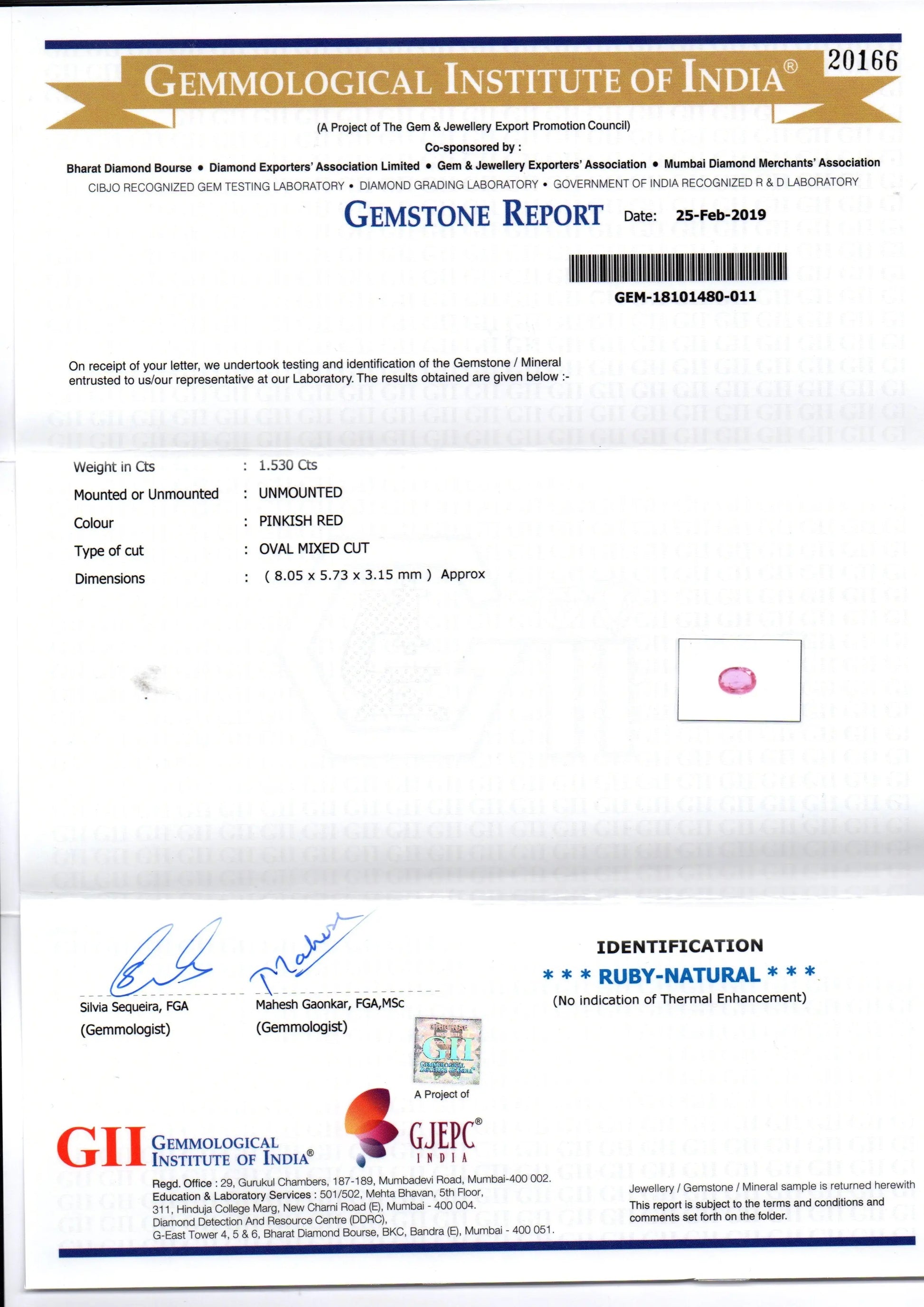 1.53 Ct GII Certified Unheated Untreated Natural Madagaskar Ruby AAA