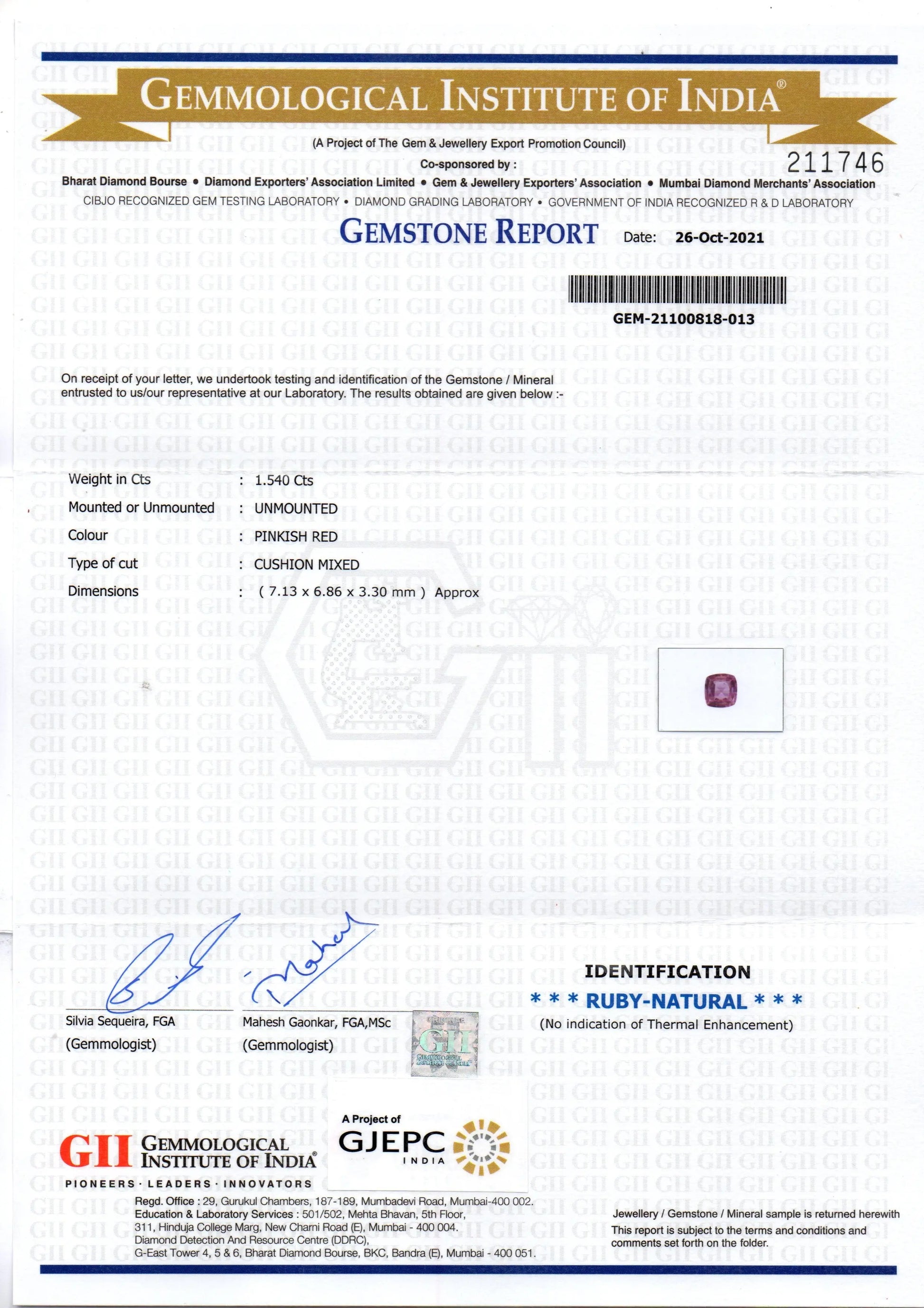 1.54 Ct GII Certified Unheated Untreted Natural Madagaskar Ruby Gems